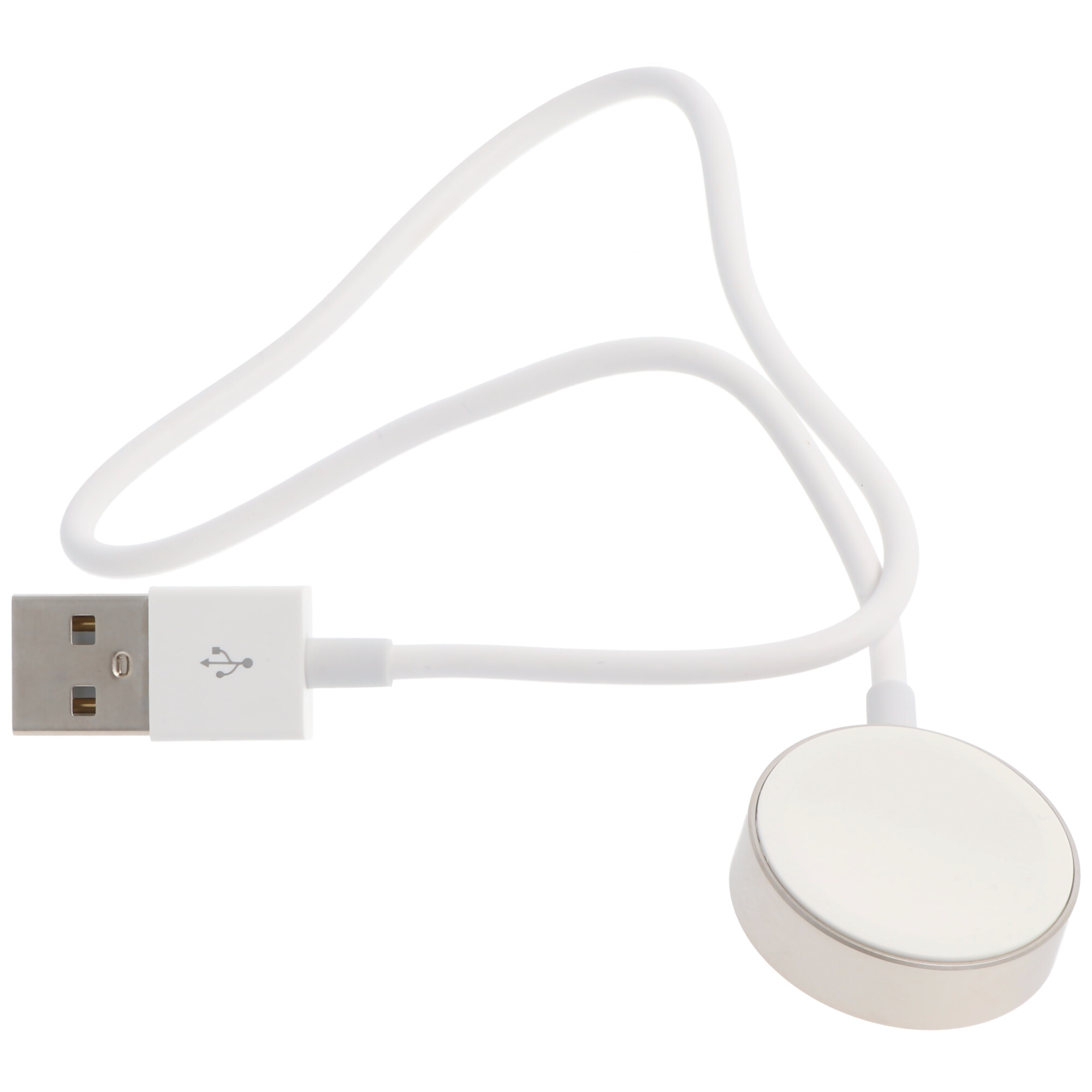 Een witte oplaadkabel met een USB-connector en een cirkelvormig oplaadpad.