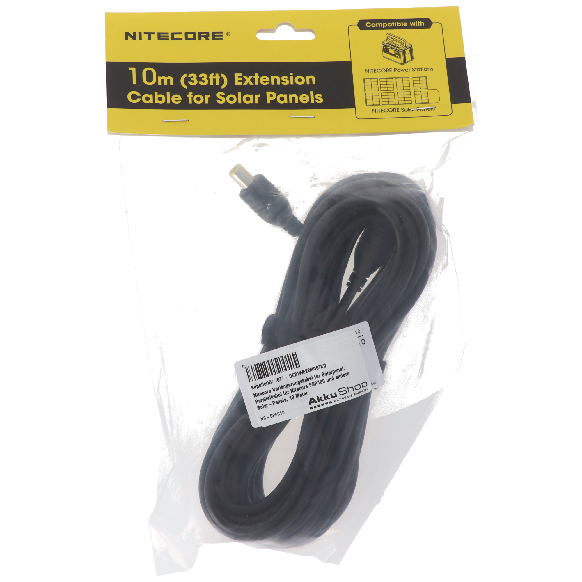 A black extension cable for solar panels, packaged in a clear plastic bag.