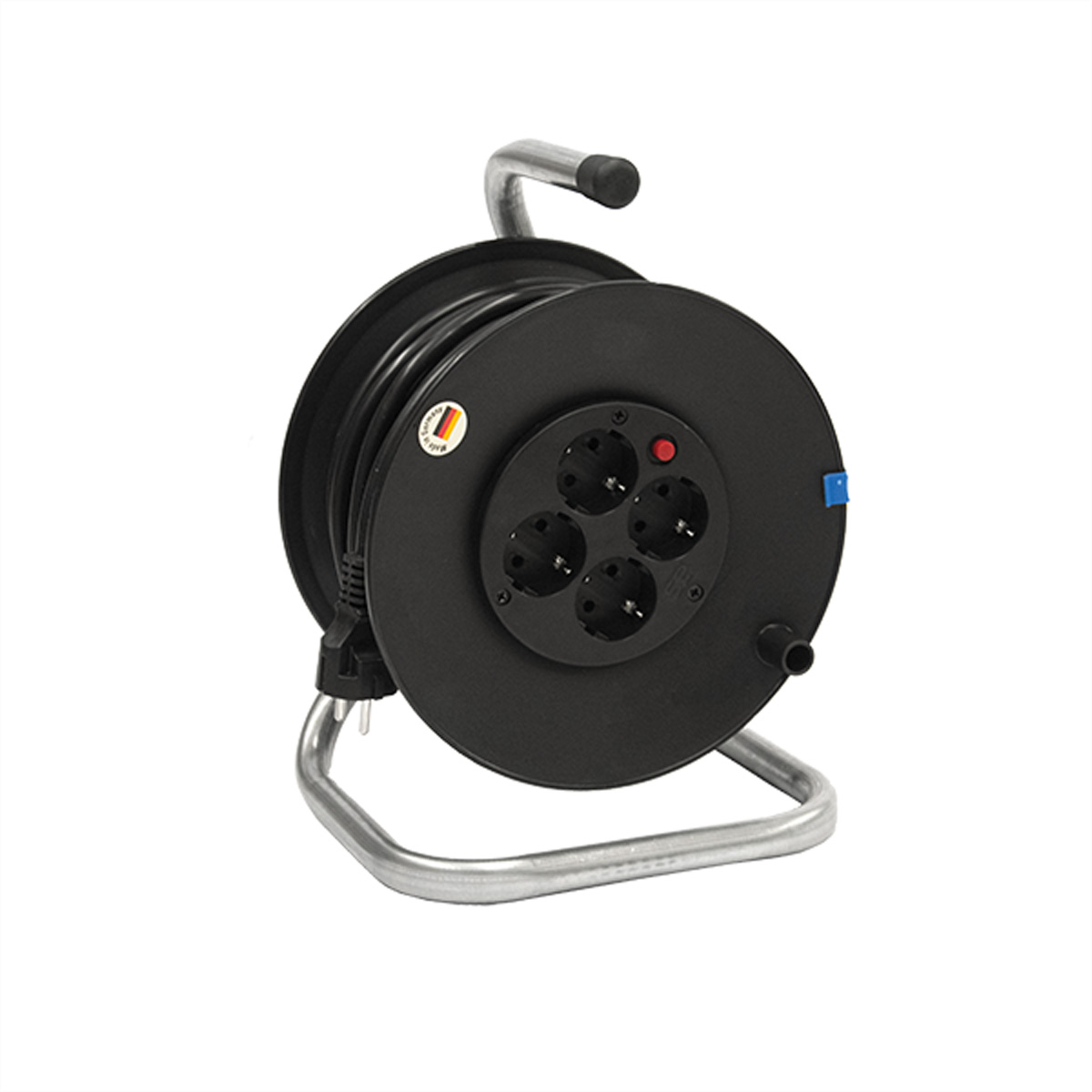 Black extension cord reel with four outlets. Silver frame. White background.