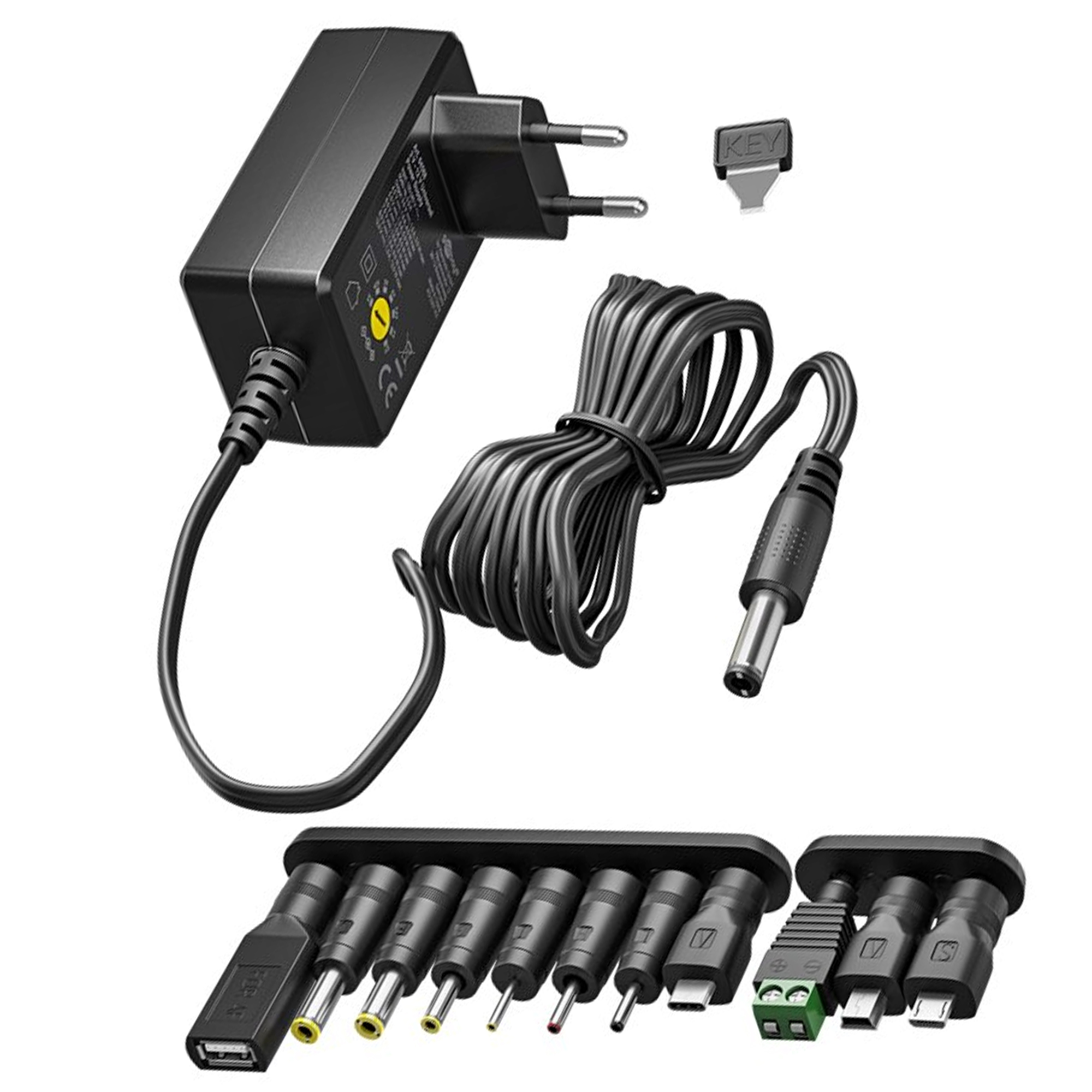 Black power adapter with multiple charging tips.  A key and a black cable are also included in the set.