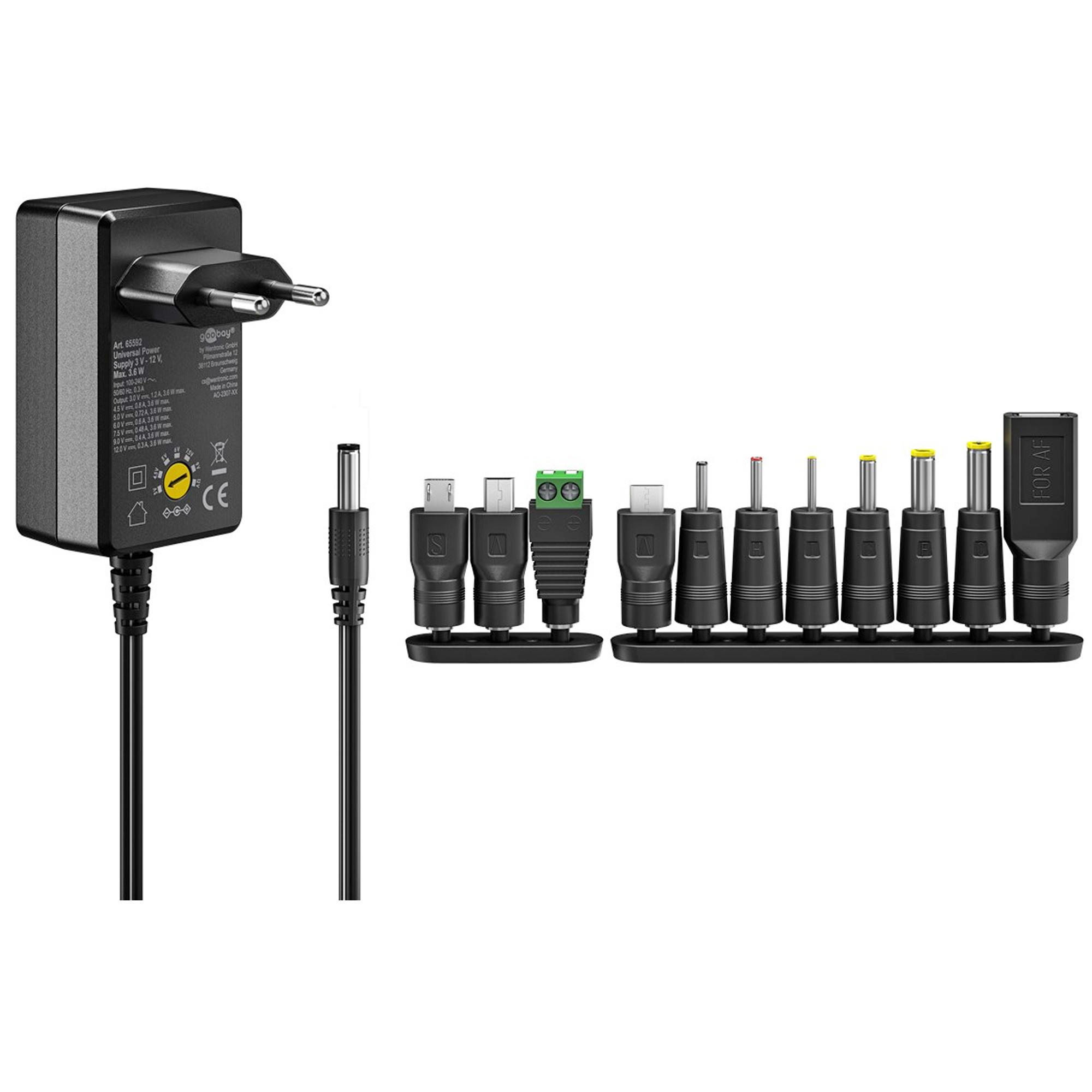 A black power adapter with multiple interchangeable connectors for different devices.