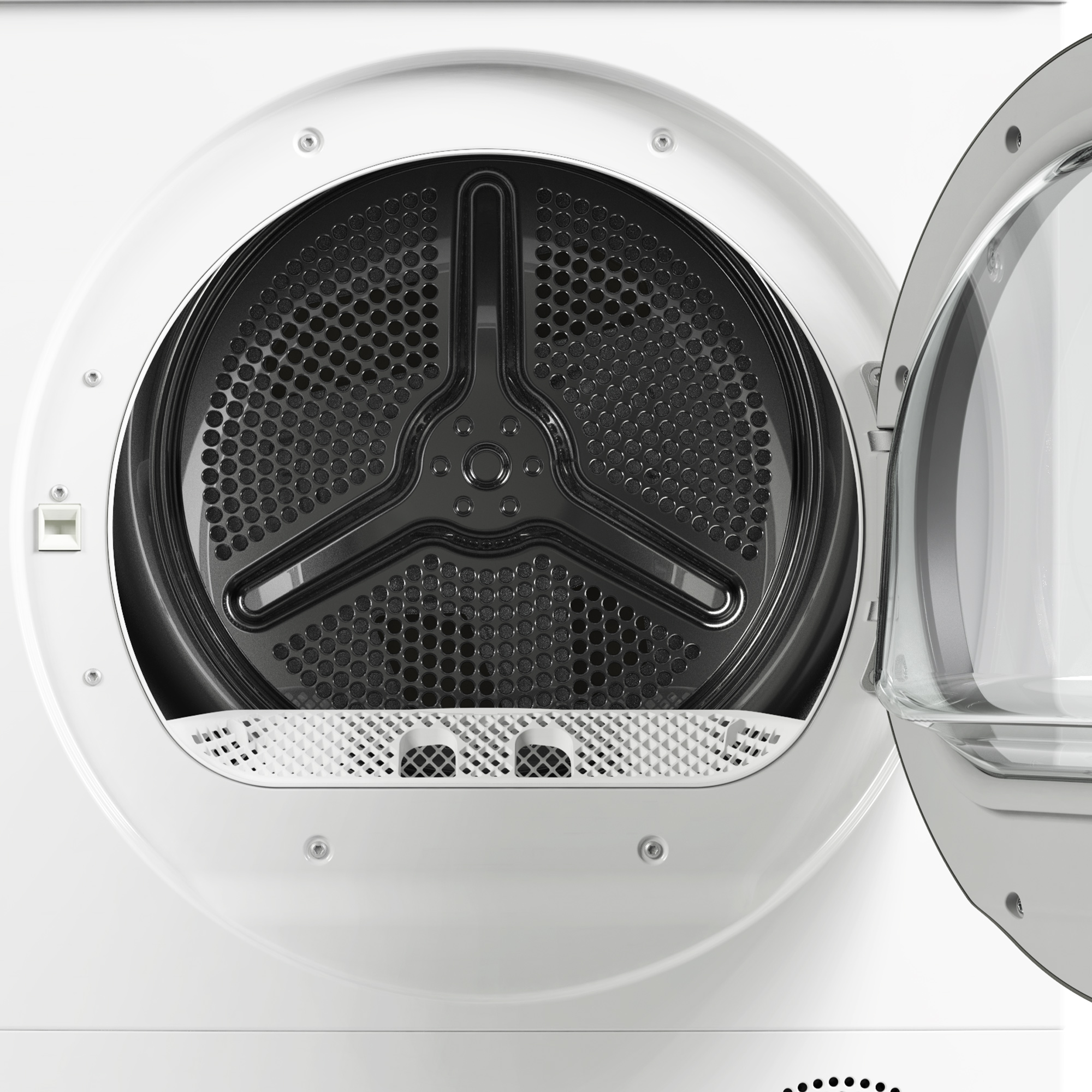 Geöffnete weiße Waschmaschinentrommel. Schwarzer Innenraum mit einem dreiflügeligen Ventilator und einem weißen Filter.