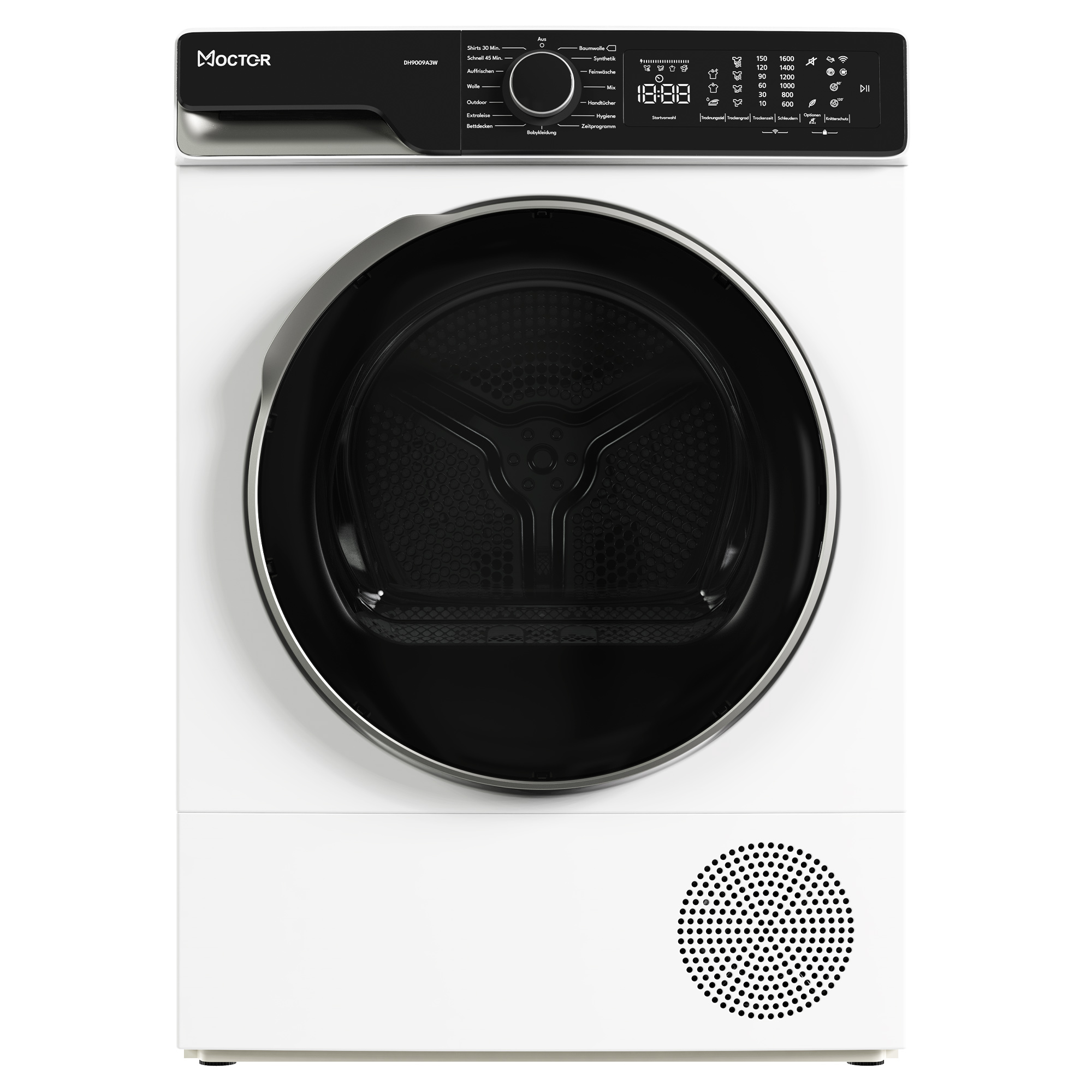 Weiß-schwarze Trocknermaschine mit runder Tür und Bedienfeld oben.