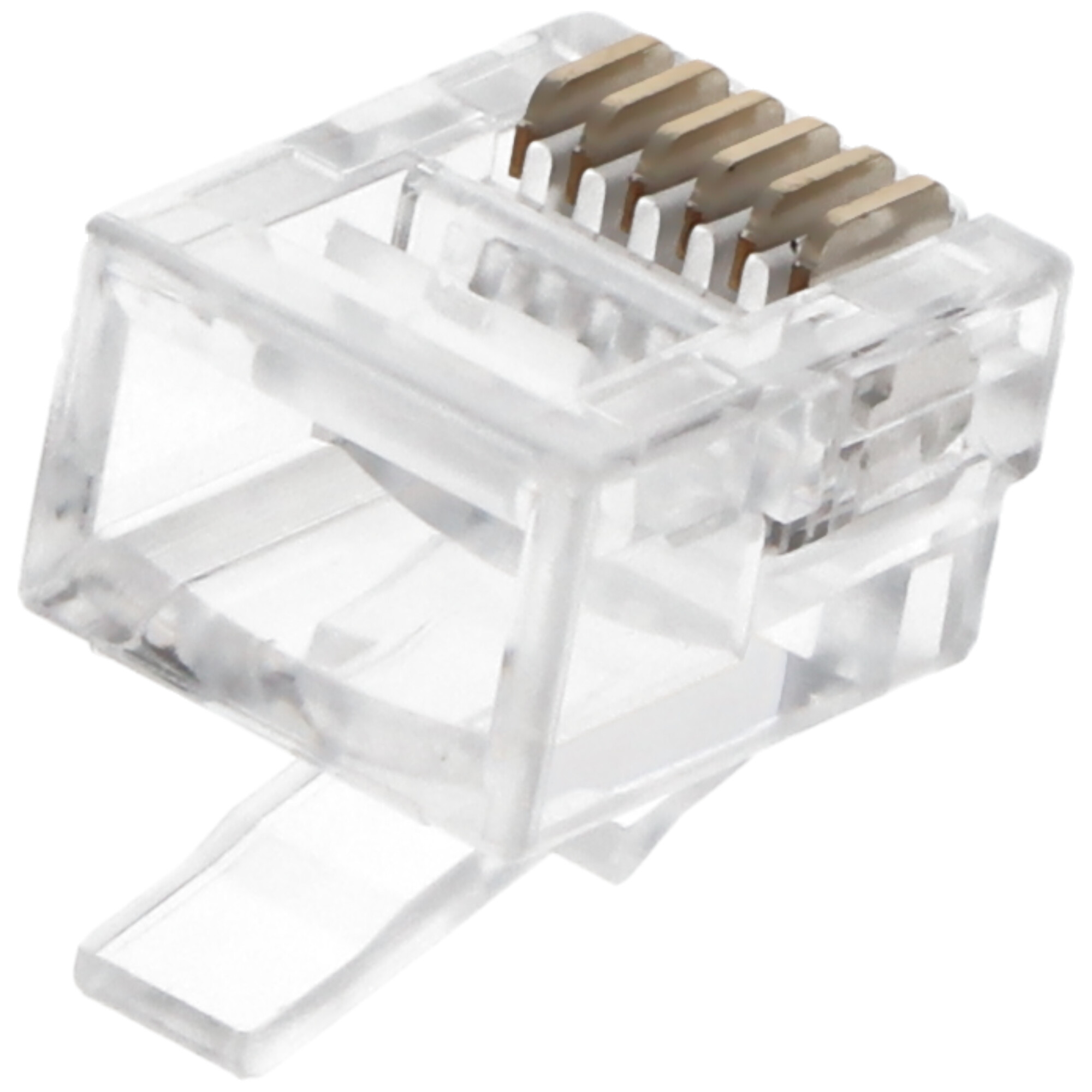 Een transparante RJ45-connector met metalen pinnen.