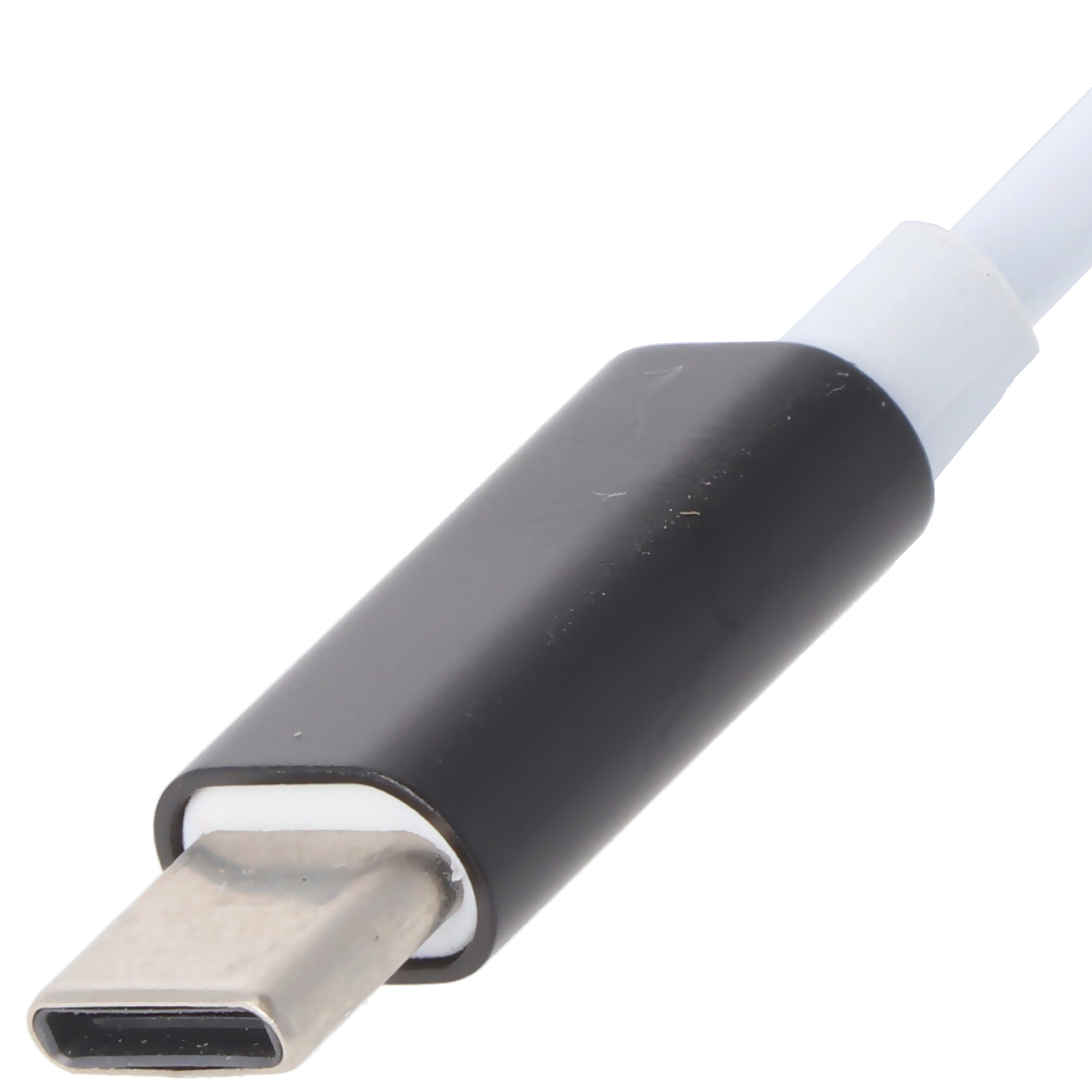 Close-up van een zwart-witte USB-C-connector. Het heeft een witte kabel.