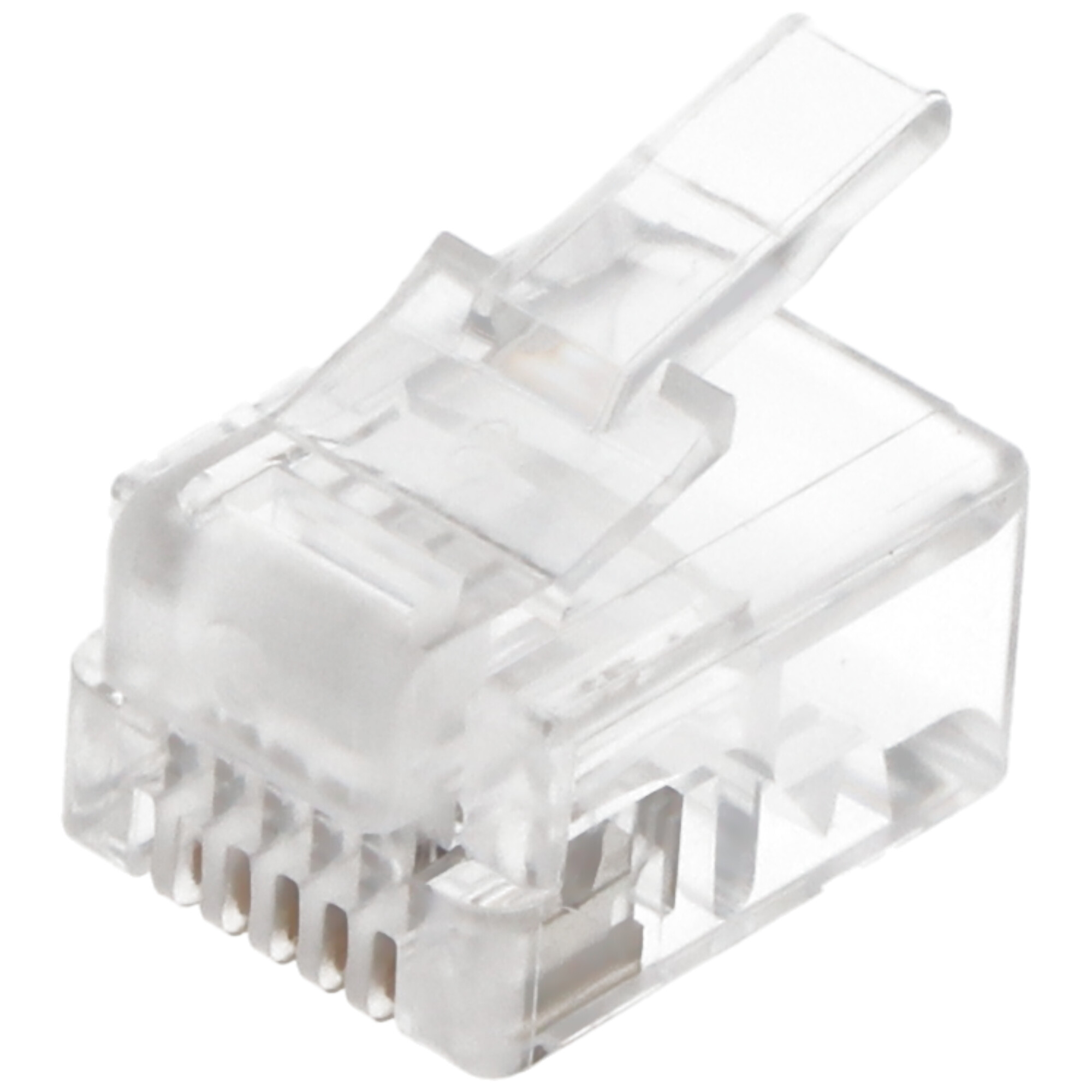 Een transparante RJ45-connector met een doorzichtige kunststof behuizing en een vergrendelingslip, geïsoleerd op wit.