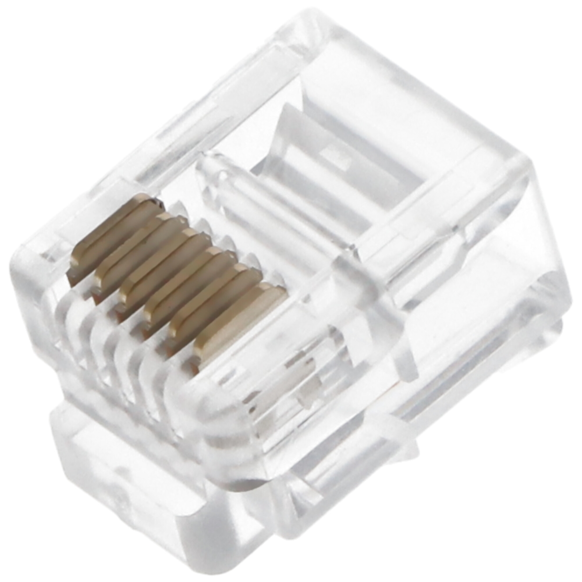 Transparante RJ45-connector met gouden pinnen, close-up.