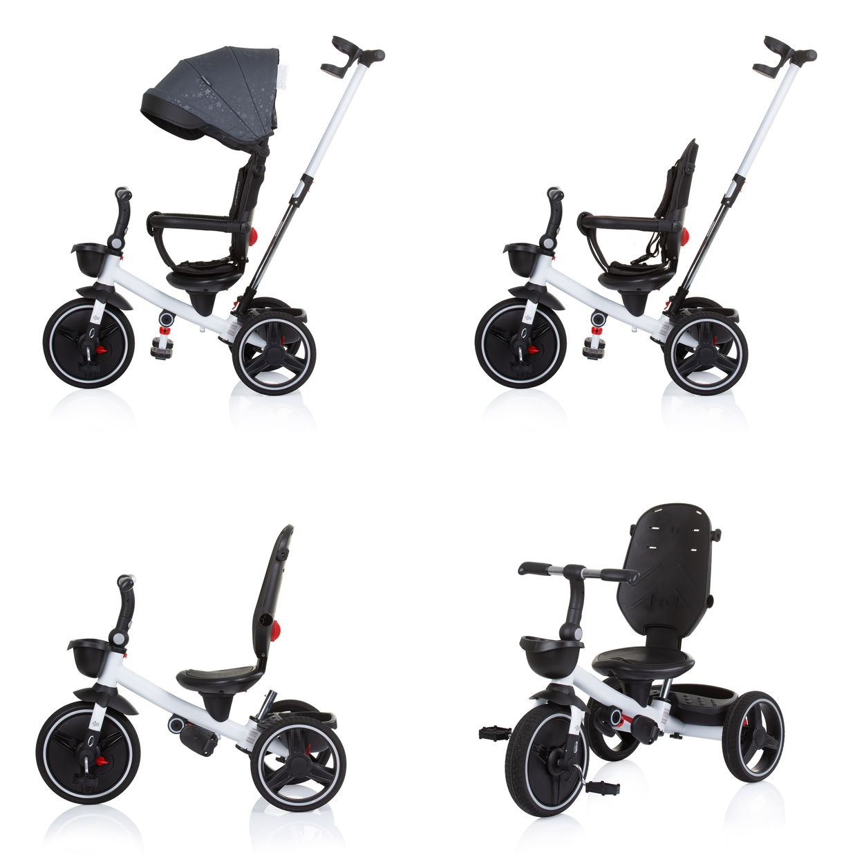 Cuatro imágenes de un triciclo blanco con diferentes configuraciones. Tiene capota y manillar para padres.