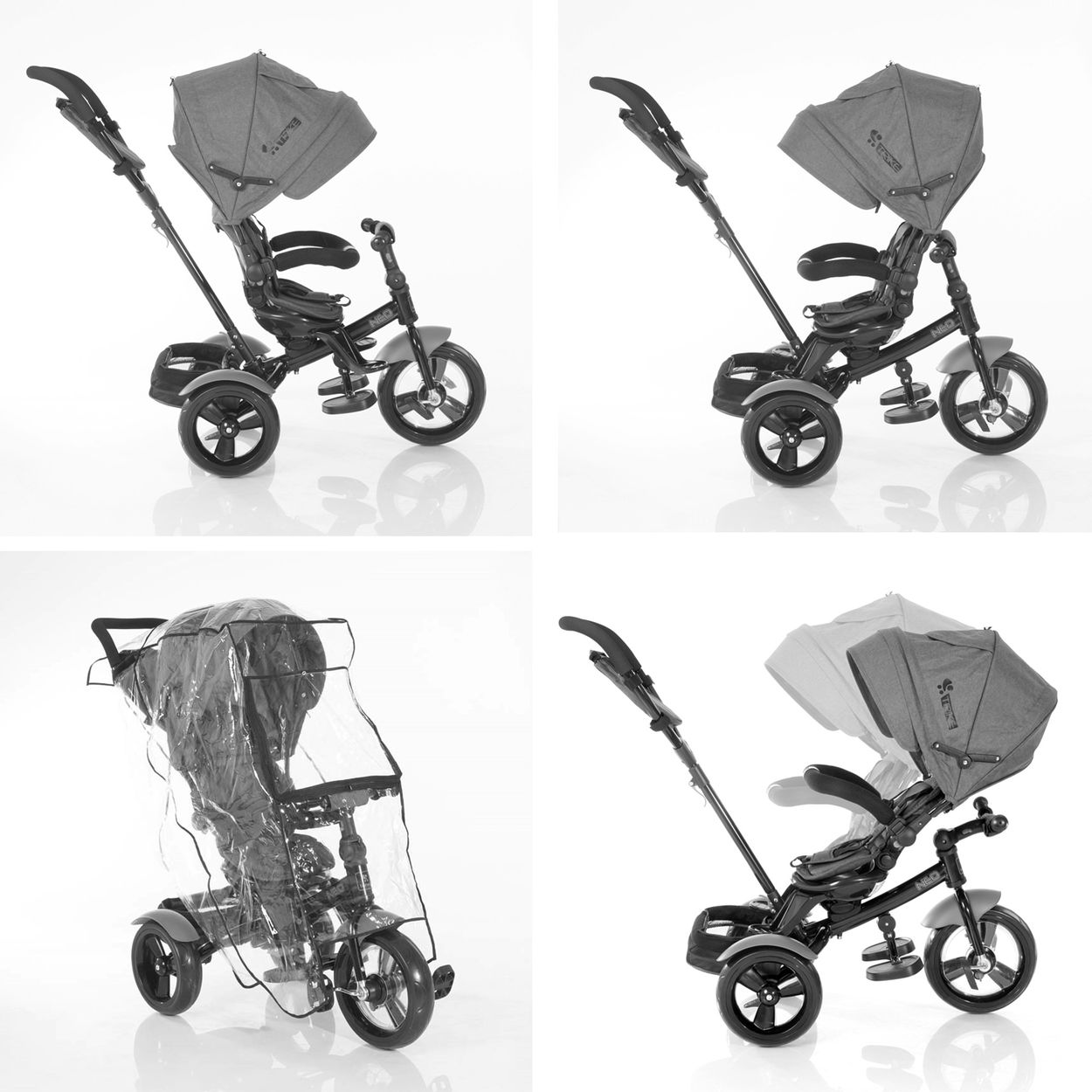 Vier Bilder eines Dreirads in Schwarzweiß. Verschiedene Winkel mit Kindersitz und Verdeck.