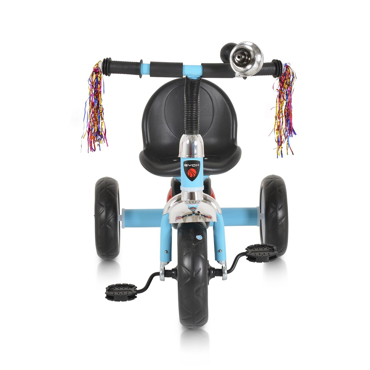 Ein blaues Dreirad mit schwarzem Sitz, Pedalen und Reifen. Es hat Girlanden und eine Klingel am Lenker.