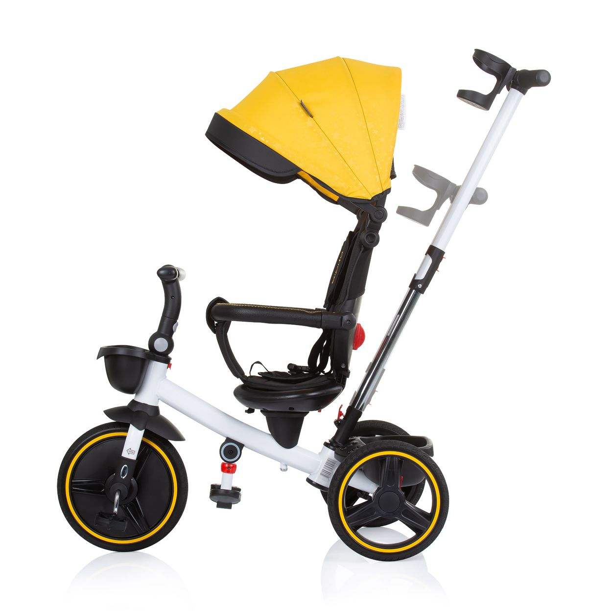 Triciclo amarillo y blanco. La capota es amarilla y el asiento negro.
