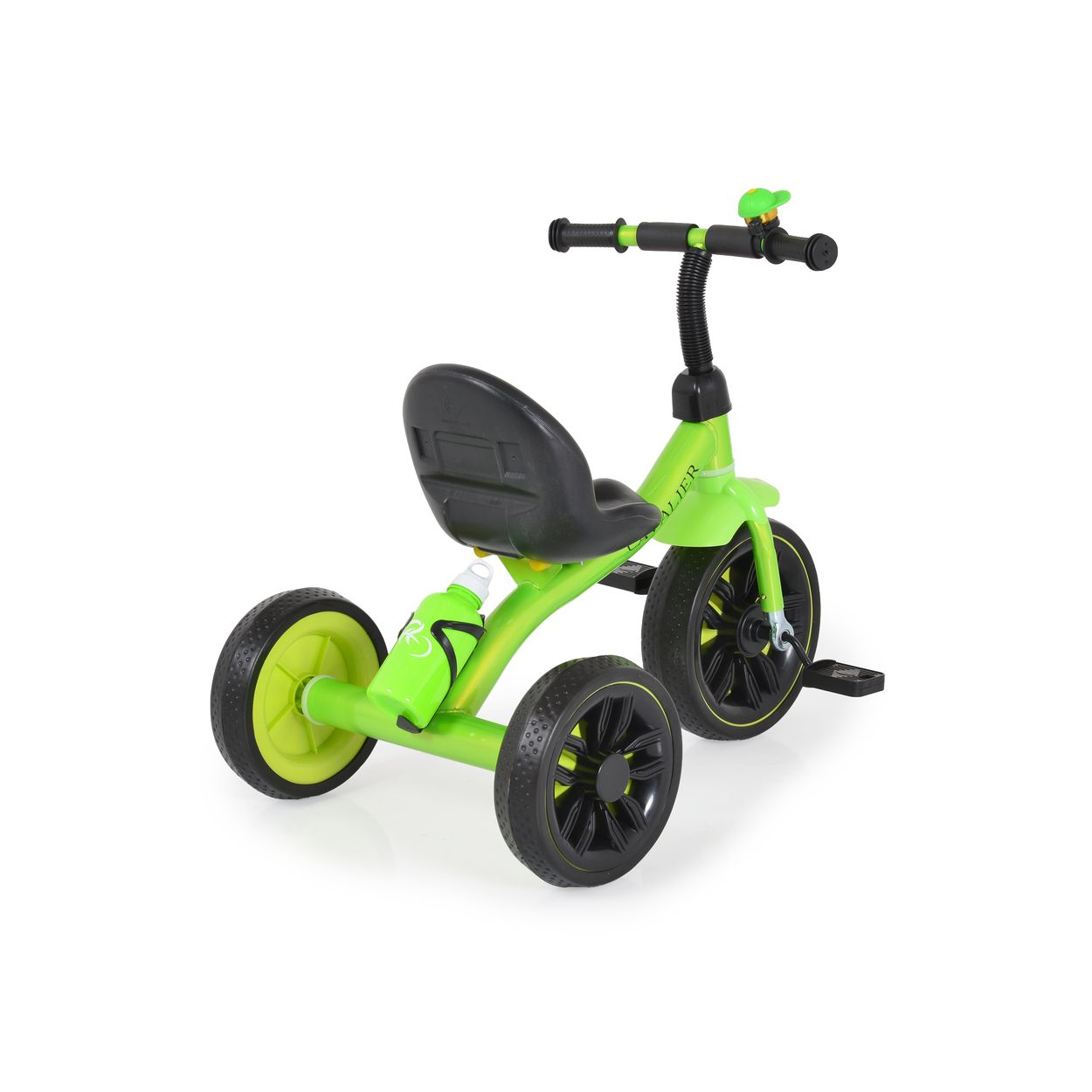Triciclo verde para niño, con asiento negro, ruedas negras y portabotellas.