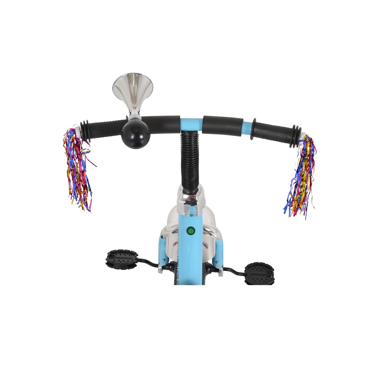 Ein blaues Kindertrike, von oben betrachtet, mit Hupe, Quasten, Pedalen und Lenker.