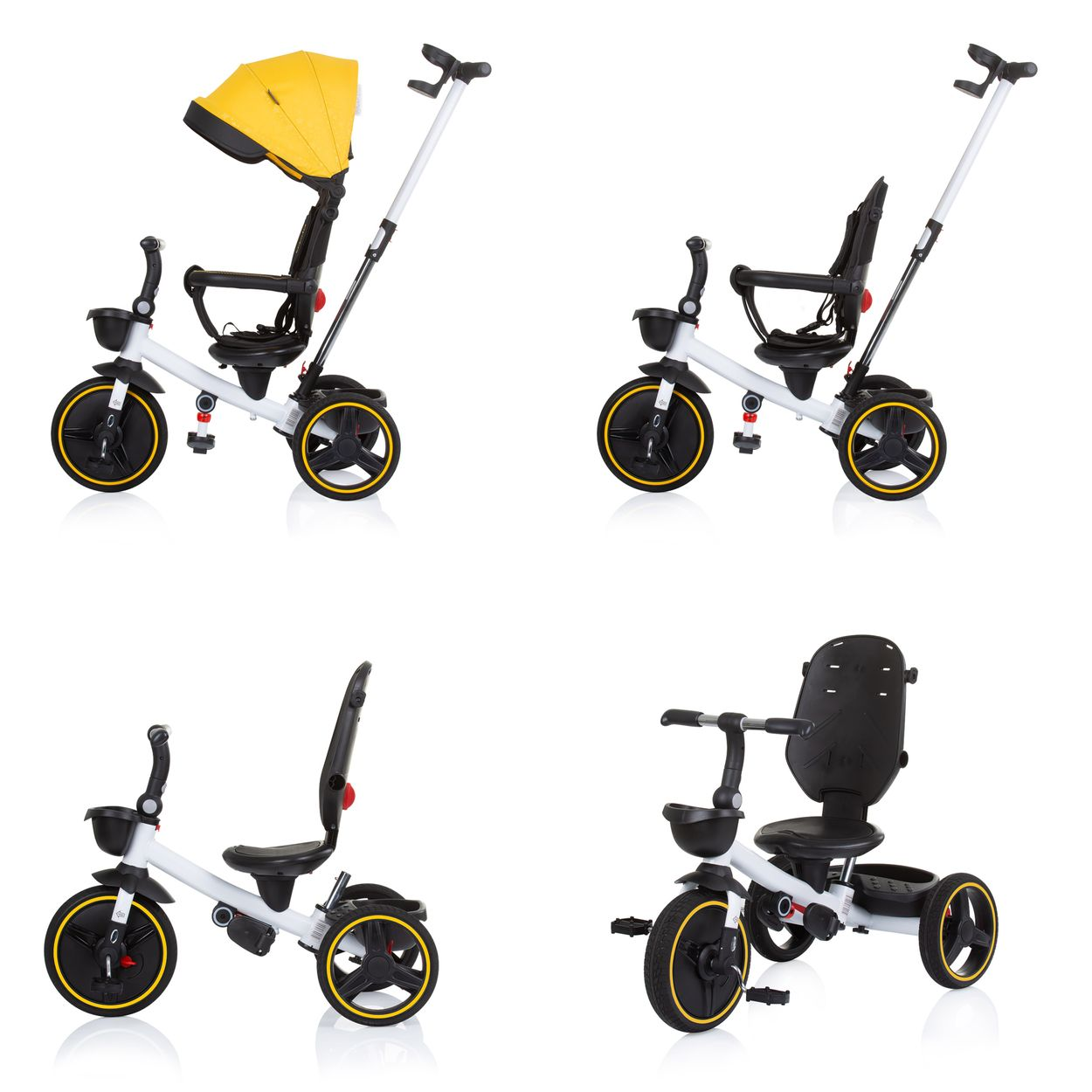 Cuatro imágenes de un triciclo blanco y negro, con diferentes configuraciones y parasol amarillo.