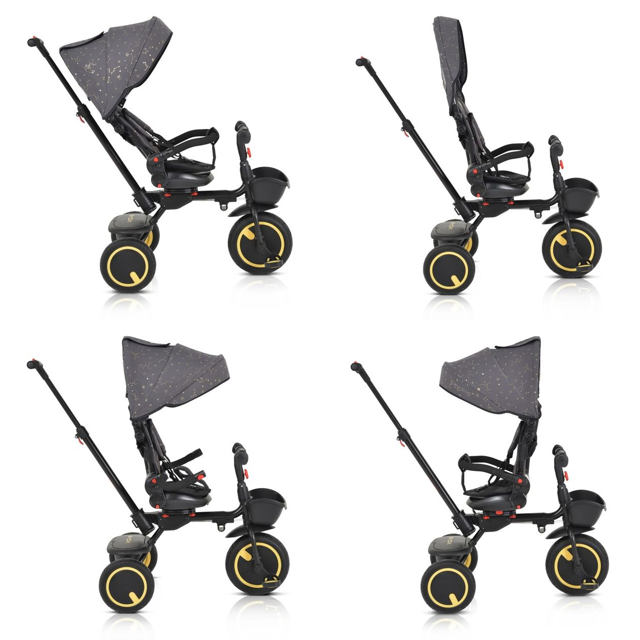 Vier Bilder eines schwarz-grauen Kinderwagens mit Verdeck, aus verschiedenen Winkeln gezeigt.