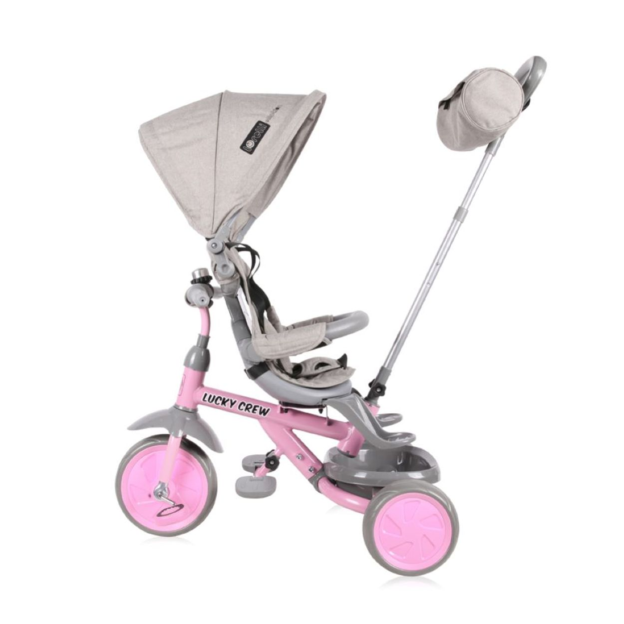 Ein rosa und graues Dreirad für ein Kind. Es hat ein Verdeck und einen Eltern-Griff.