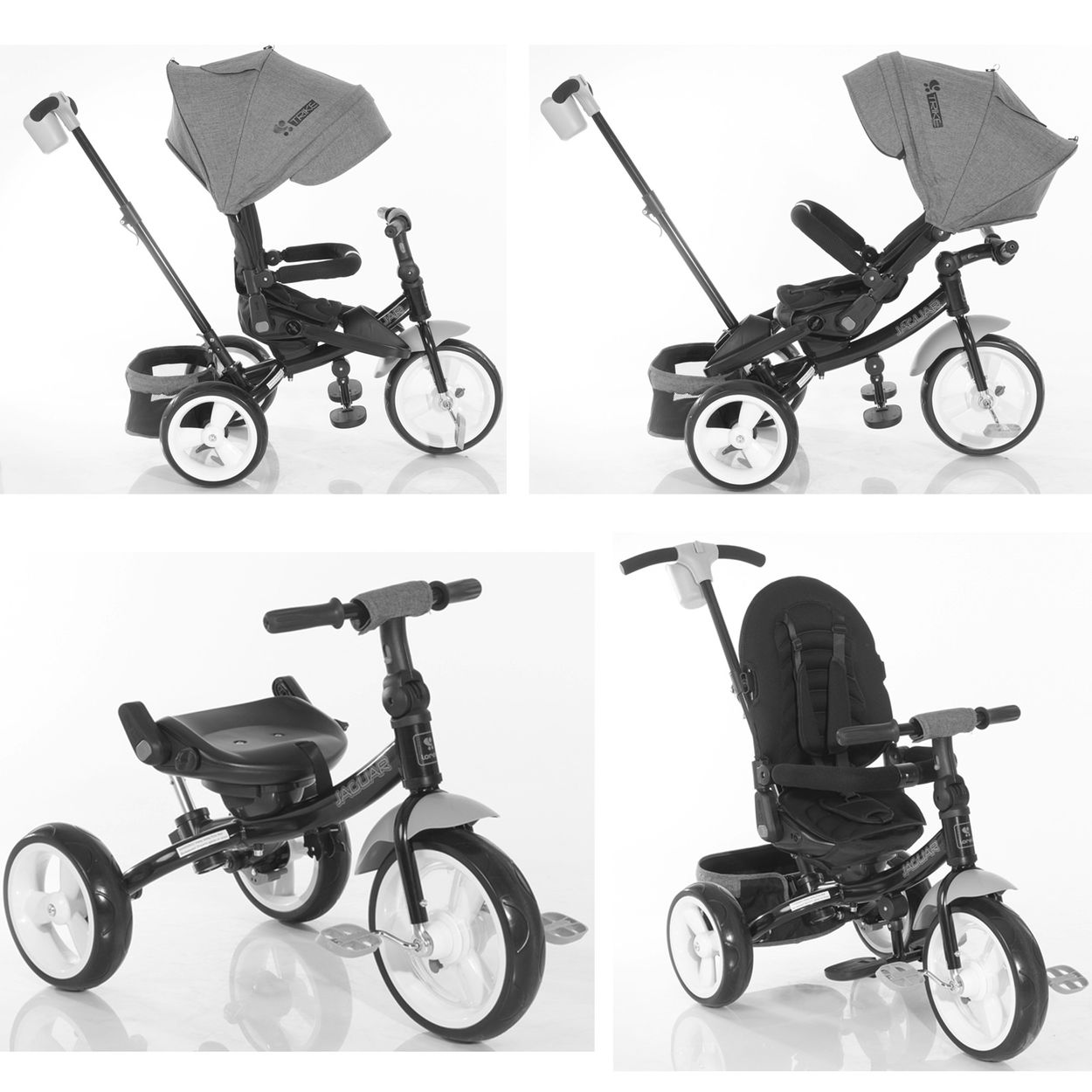 Cuatro vistas de un triciclo infantil. Combinación de colores gris y negro. Incluye capota, asiento y asa para padres.