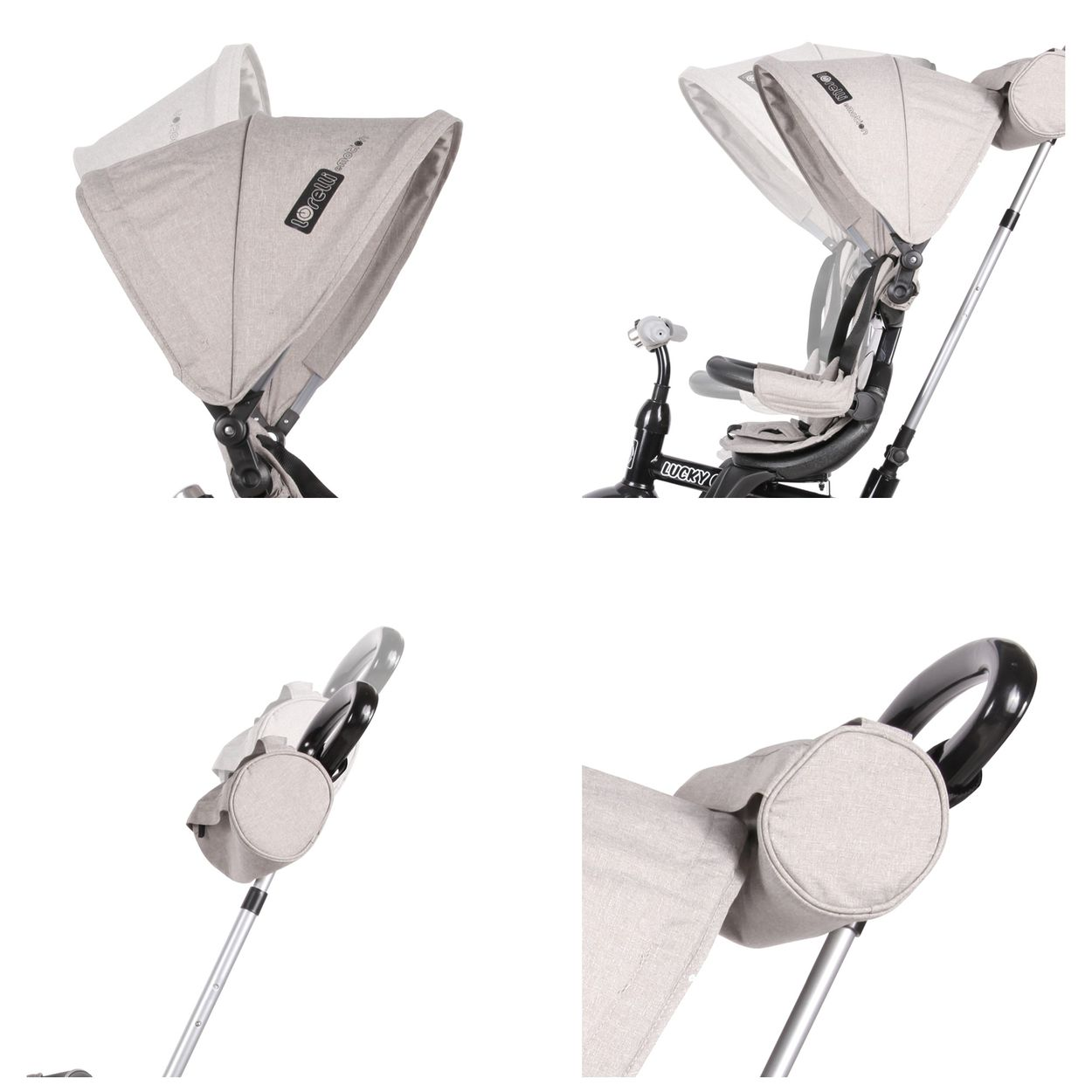 Nahaufnahmen des Sonnenverdecks eines beigen Dreirads, verschiedene Winkel und Details sichtbar.