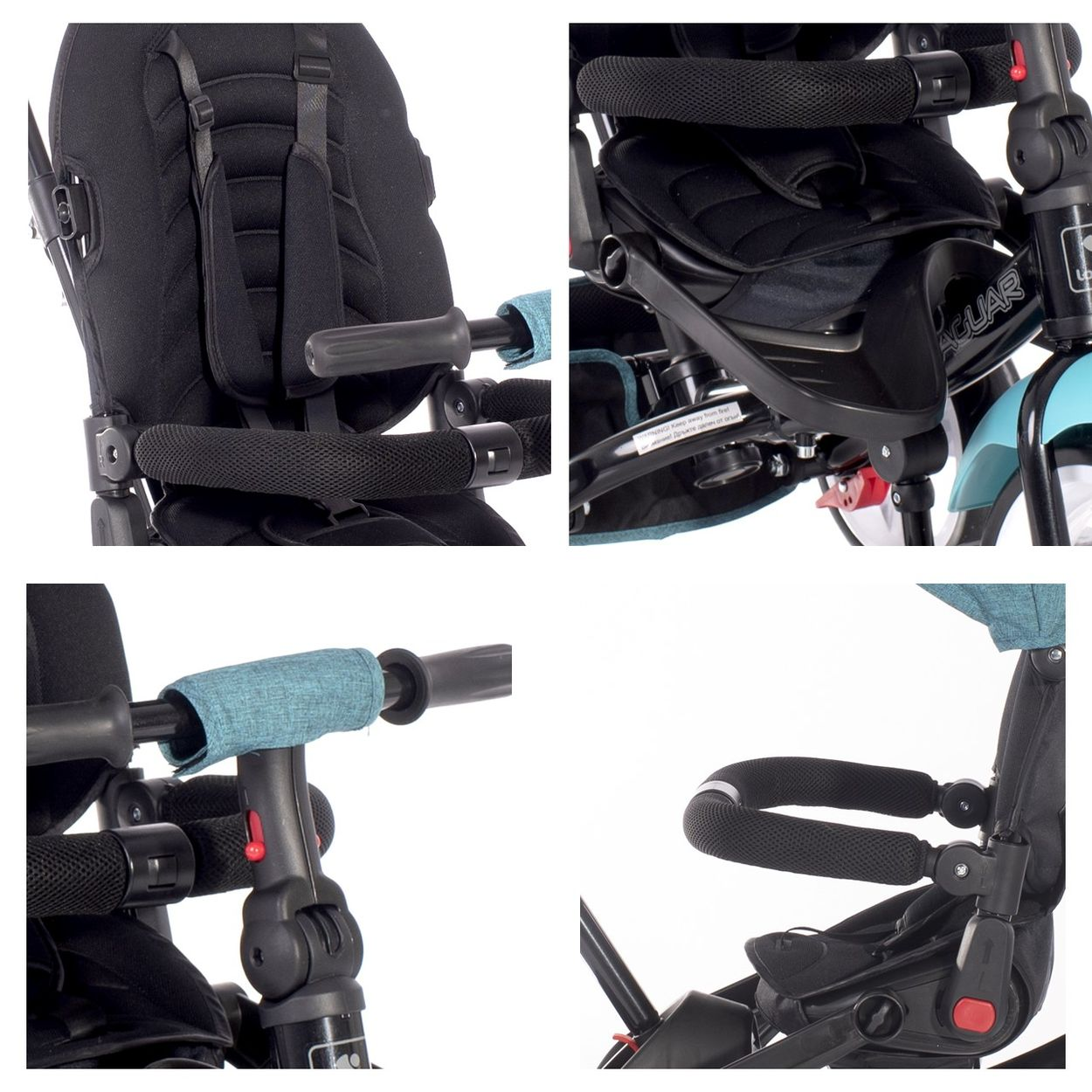 Cuatro vistas en primer plano de un triciclo, que muestran el manillar, el asiento y los detalles generales del diseño.
