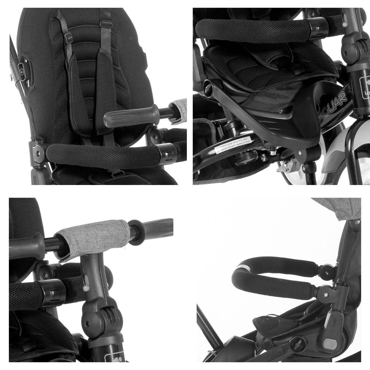 Primer plano de un triciclo negro para niños. Fondo blanco.