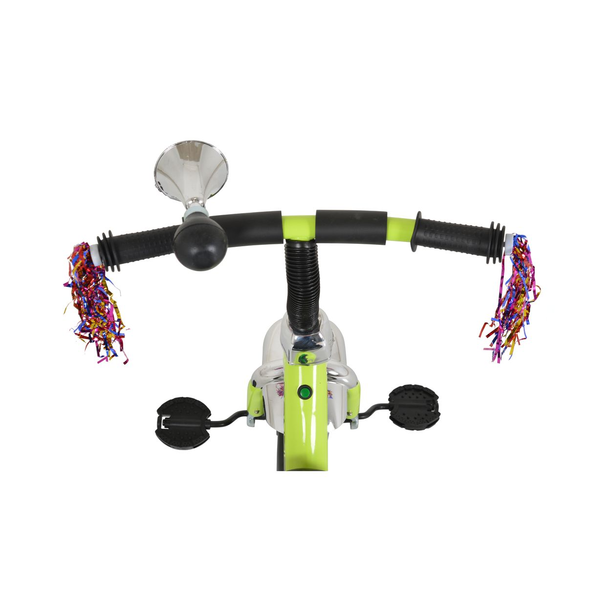 Grüner Rollerlenker mit Hupe und bunten Streamern. Schwarze Handgriffe sind sichtbar.