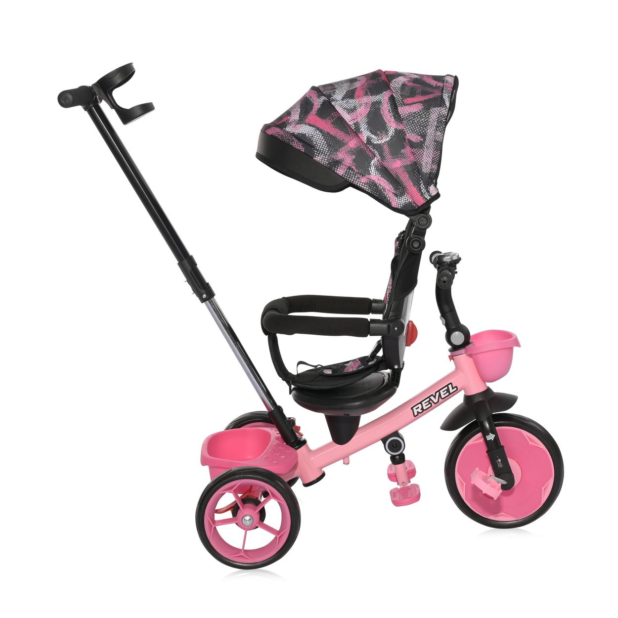 Ein rosa Dreirad mit schwarzem Verdeck, Elternlenkstange und Korb, vor weißem Hintergrund.