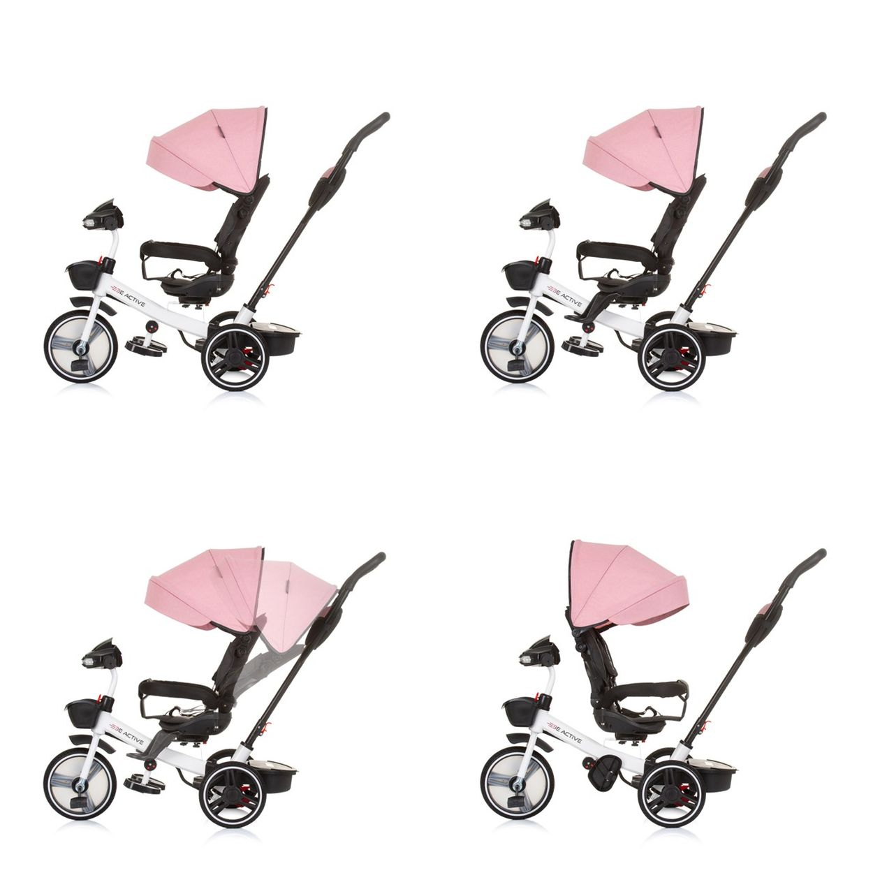 Vier Ansichten eines rosa Dreirads mit Verdeck. Weißer Hintergrund.
