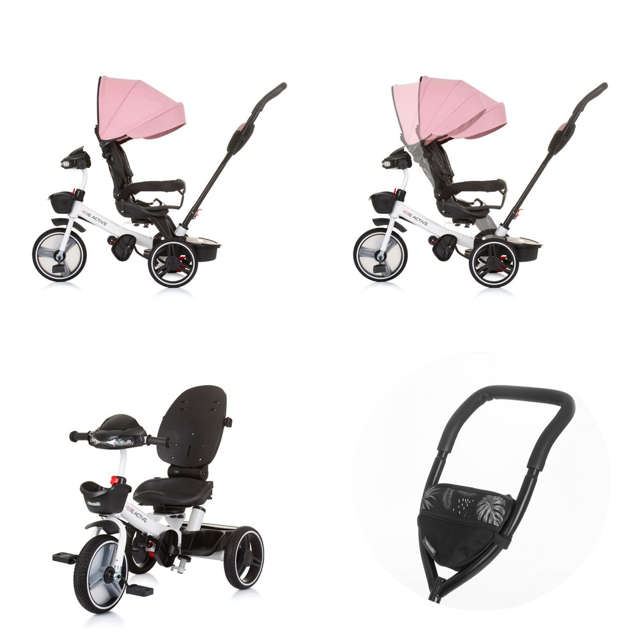 Baby-Dreirad mit rosa Verdeck, in mehreren Ansichten, einschließlich Nahaufnahme des Griffs.