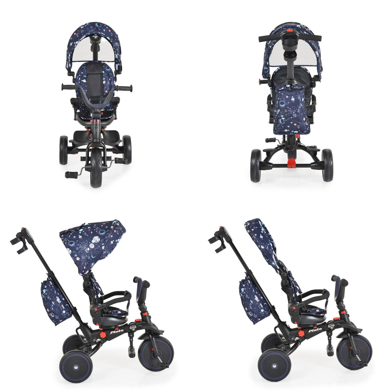 Múltiples vistas de un triciclo Pluto negro y azul con capota estampada y bolsa de almacenamiento.