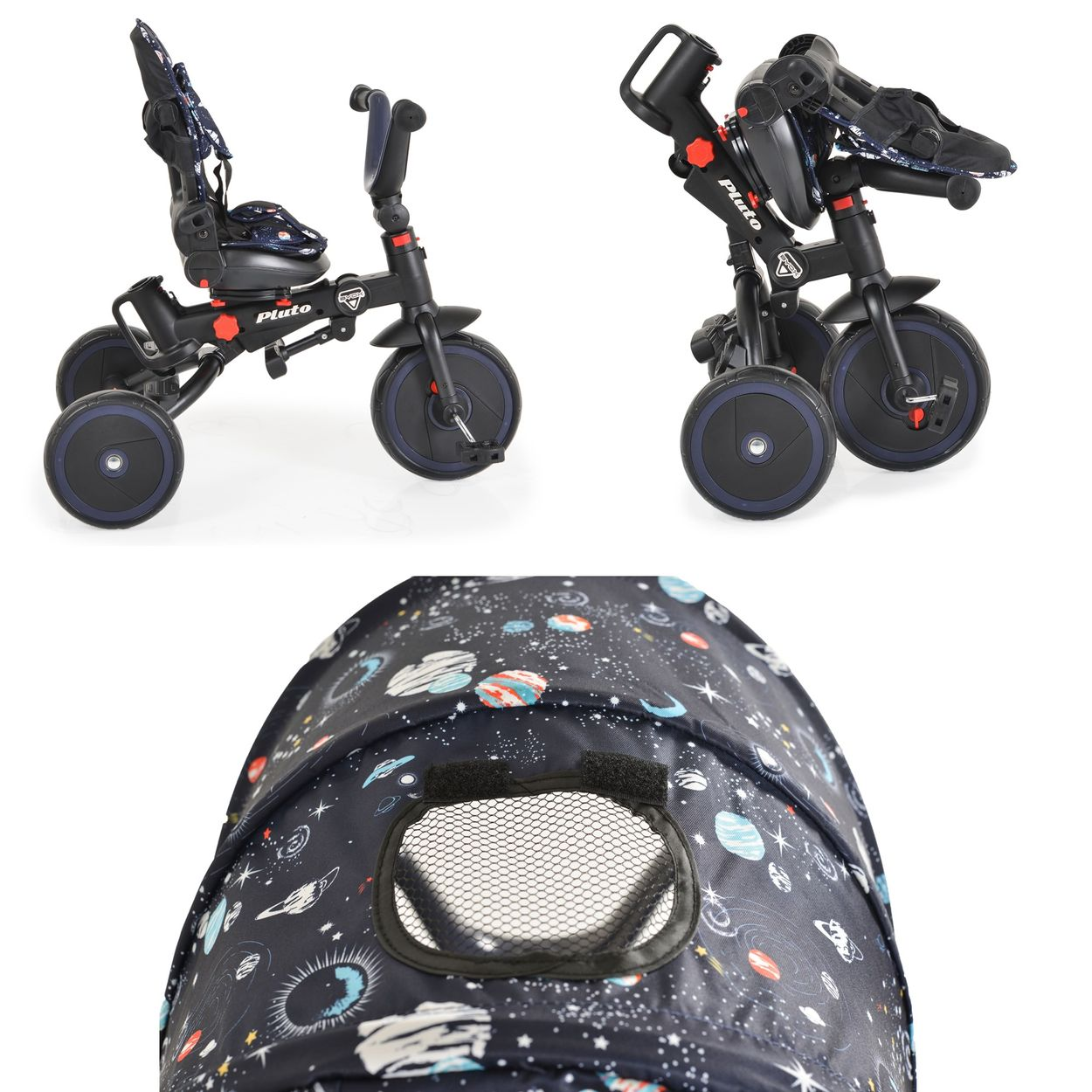 Triciclo en dos posiciones, marco negro, ruedas negras y azul marino. Capota con estampado espacial.