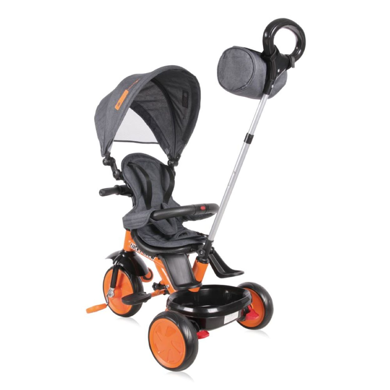 Orangefarbenes und schwarzes Dreirad mit grauem Verdeck und Handtasche. Weißer Hintergrund.