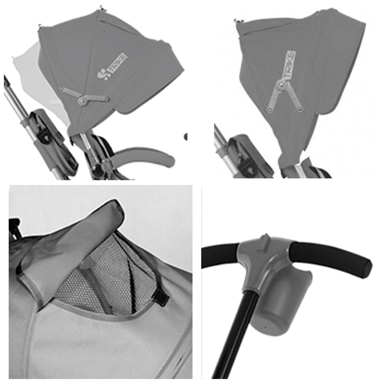 Cuatro imágenes de componentes de triciclo gris: capota, manillar y bolsa de almacenamiento.