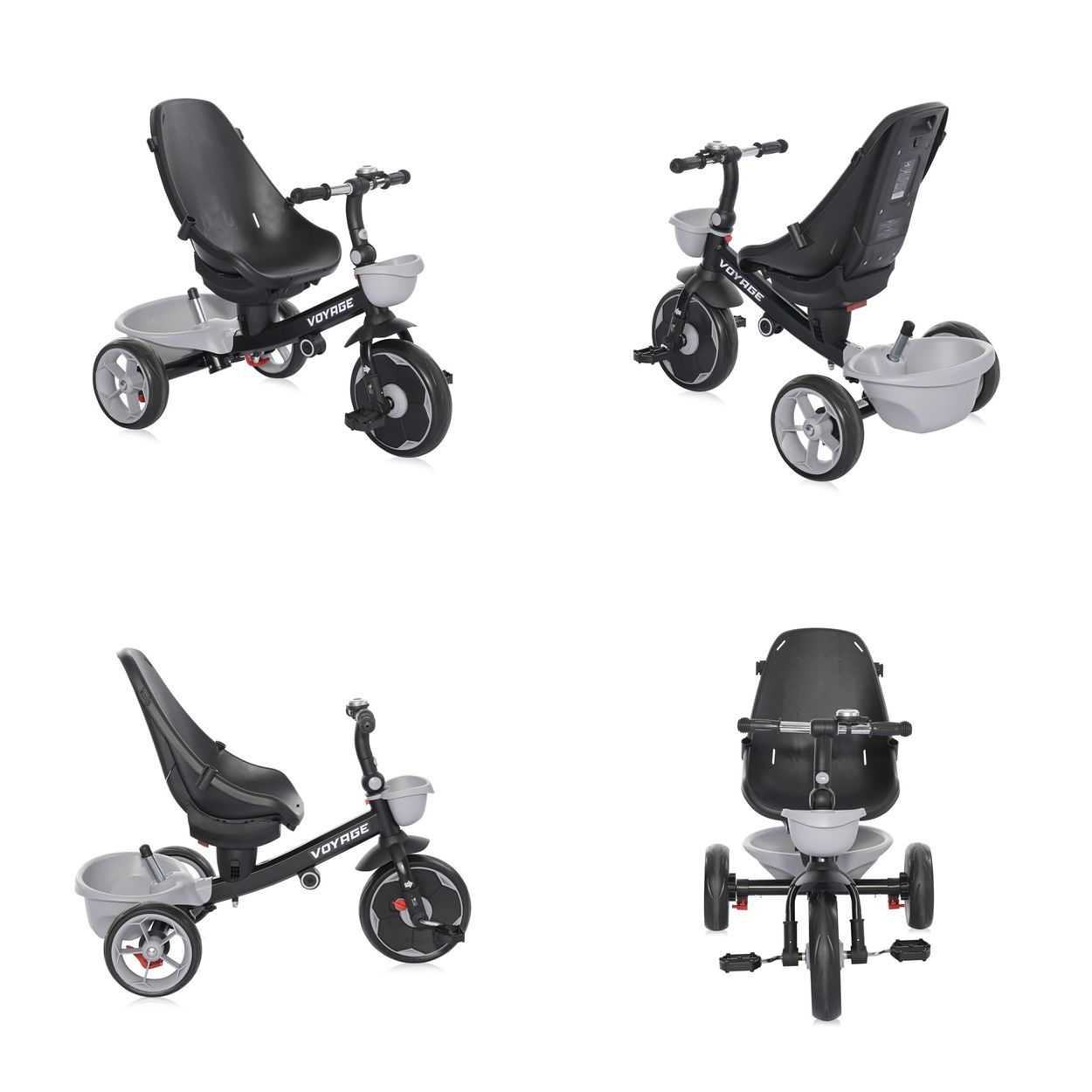 Mehrere Winkel eines schwarz-grauen Dreirads. Das Dreirad hat einen schwarzen Sitz und Korb.