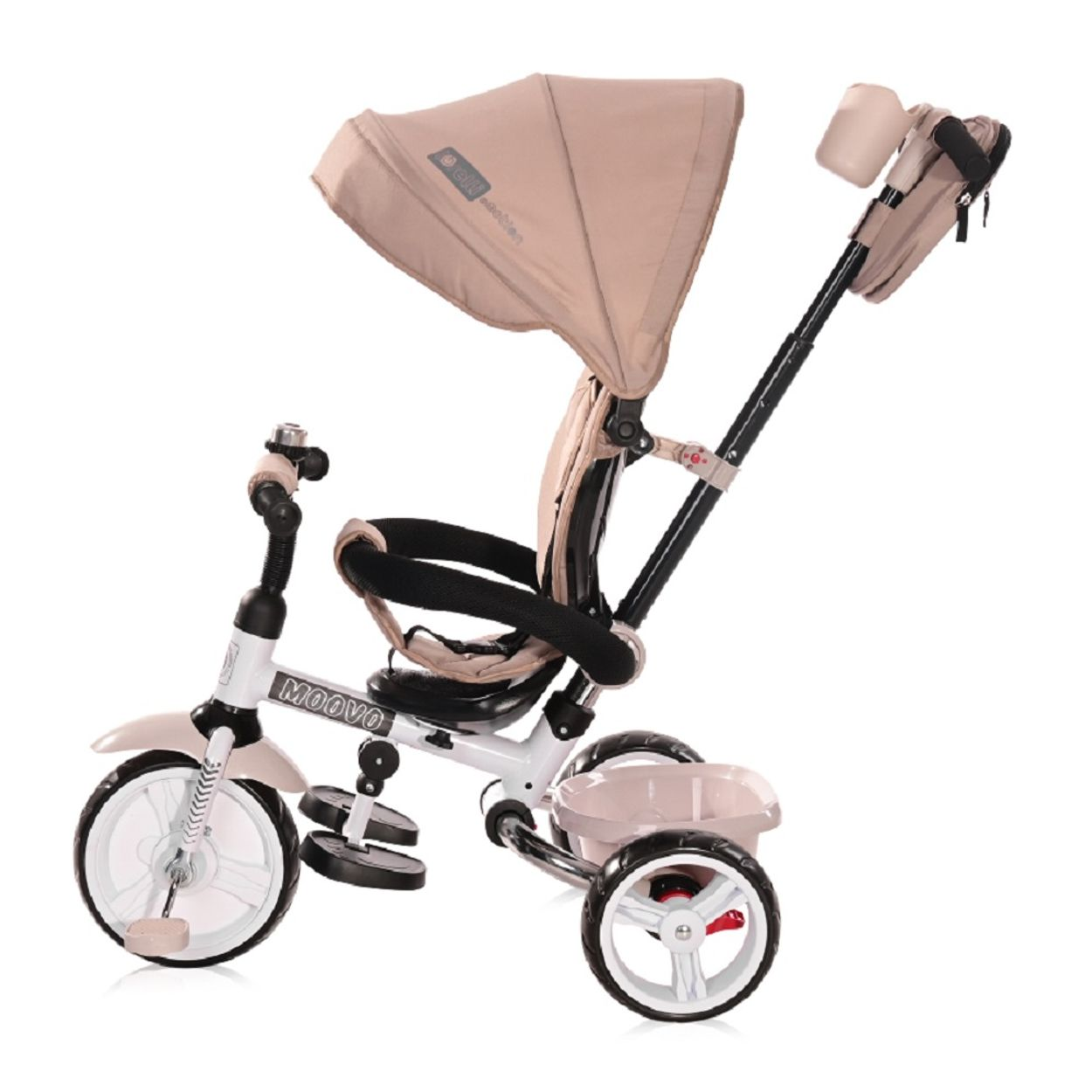 Rosa-weißes Dreirad mit Verdeck, Sitz und Korb. Der Griff ist ausgefahren.