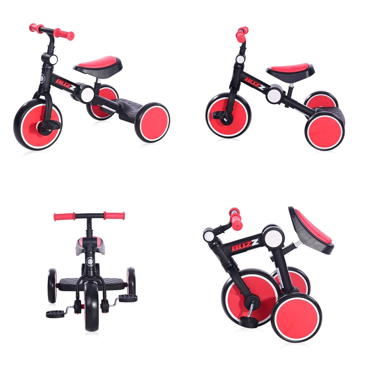 Cuatro imágenes que muestran un triciclo convertible rojo y negro en varias configuraciones.