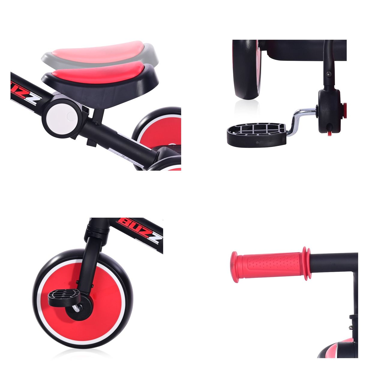 Primeros planos de un triciclo rojo y negro que muestran partes como el asiento, los pedales y el manillar.