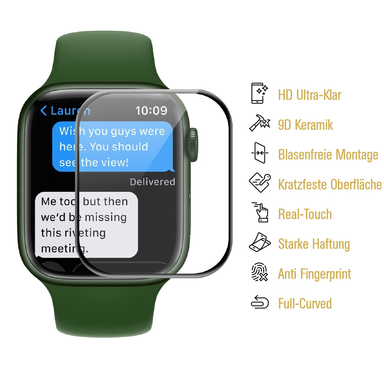 Grüne Smartwatch mit Textnachricht. Schutzfolie und Funktionen sind rechts aufgelistet.