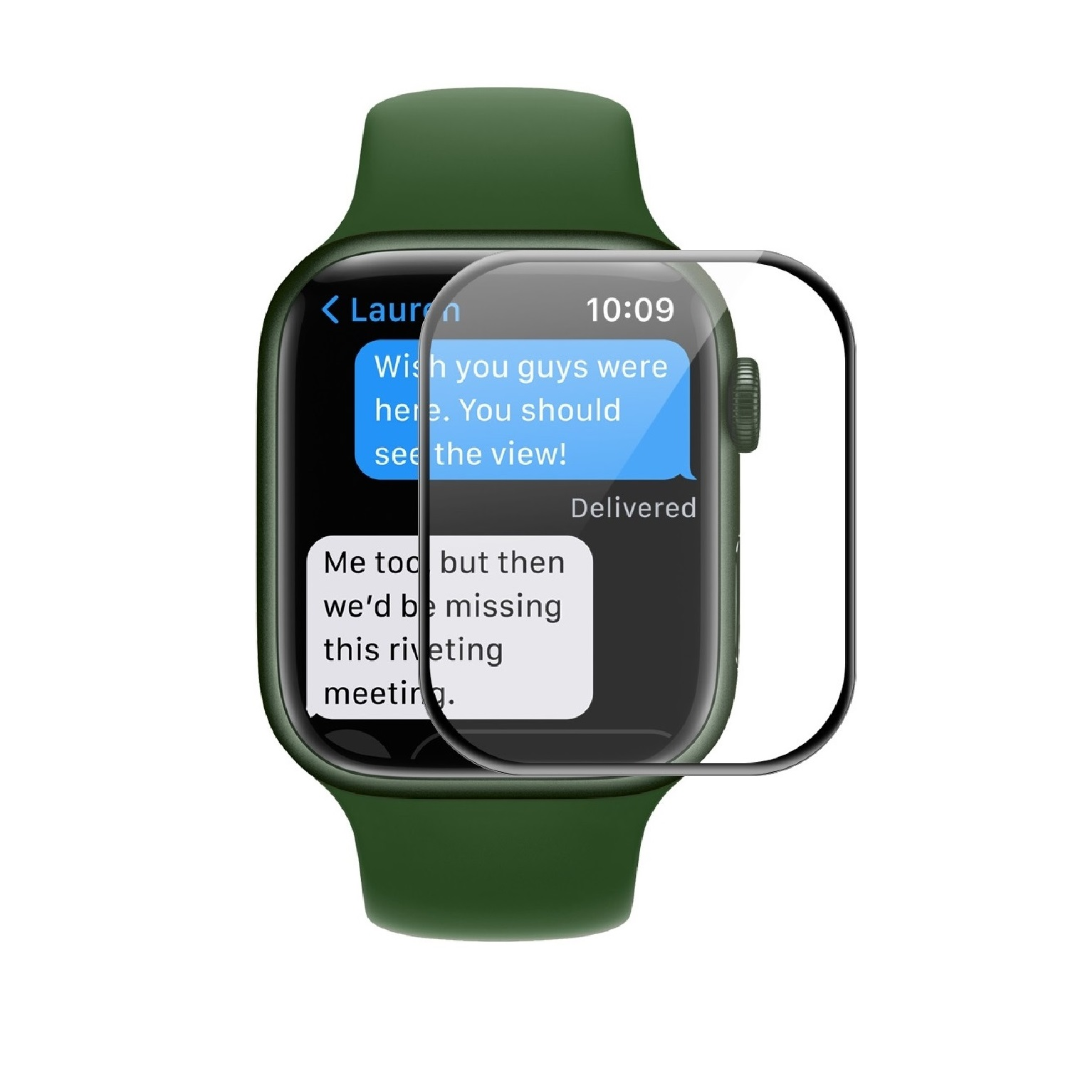 Eine grüne Smartwatch, die eine Textnachricht anzeigt, mit einem Schutzbildschirm darüber.
