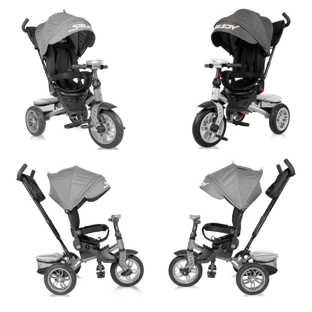 Cuatro imágenes de un triciclo con capota y manija para padres, en gris y negro.