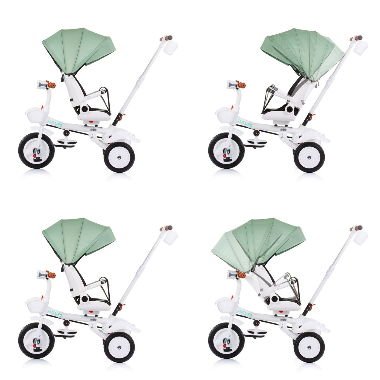 Un triciclo blanco y verde con parasol, varios ángulos sobre fondo blanco.
