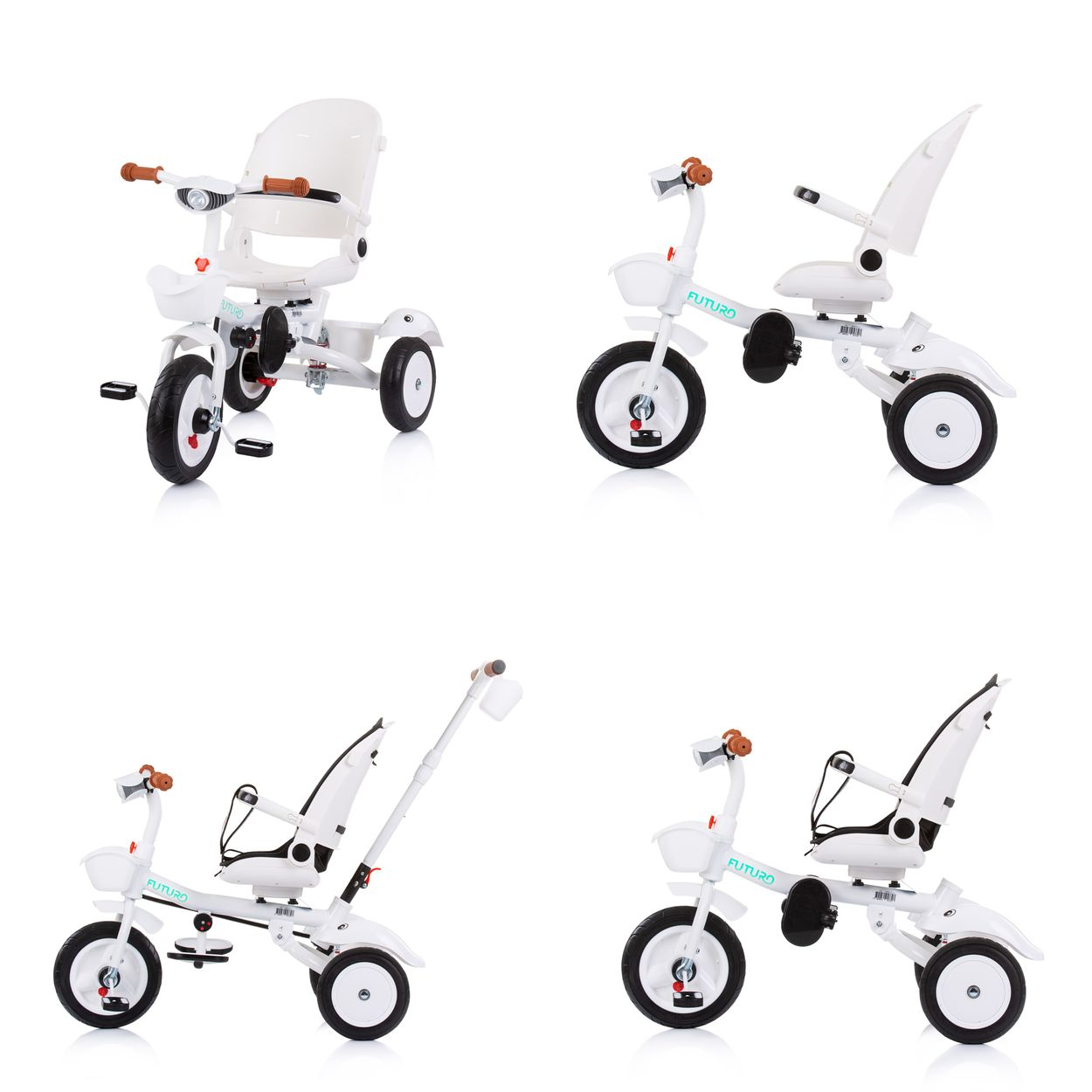 Cuatro vistas de un triciclo blanco con manija para padres y varias configuraciones de asiento.