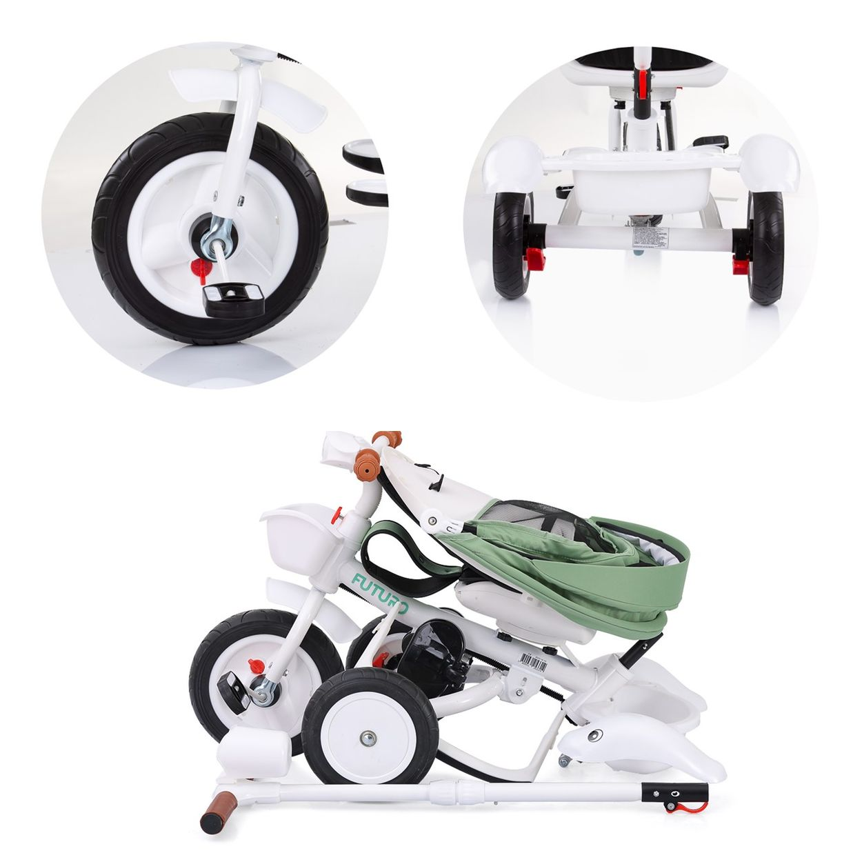Triciclo blanco con detalles de las ruedas, vista trasera y vista plegada con asiento verde.