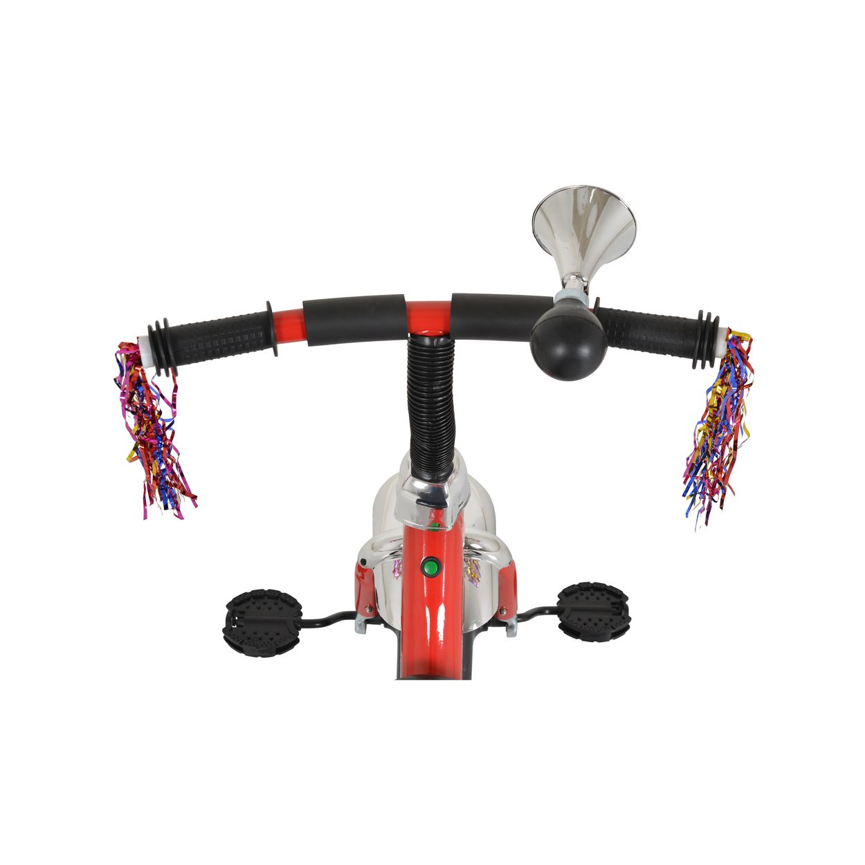 Ein Kindertrike von oben. Enthält Lenker mit Wimpeln, eine Hupe und Pedale, isoliert auf Weiß.
