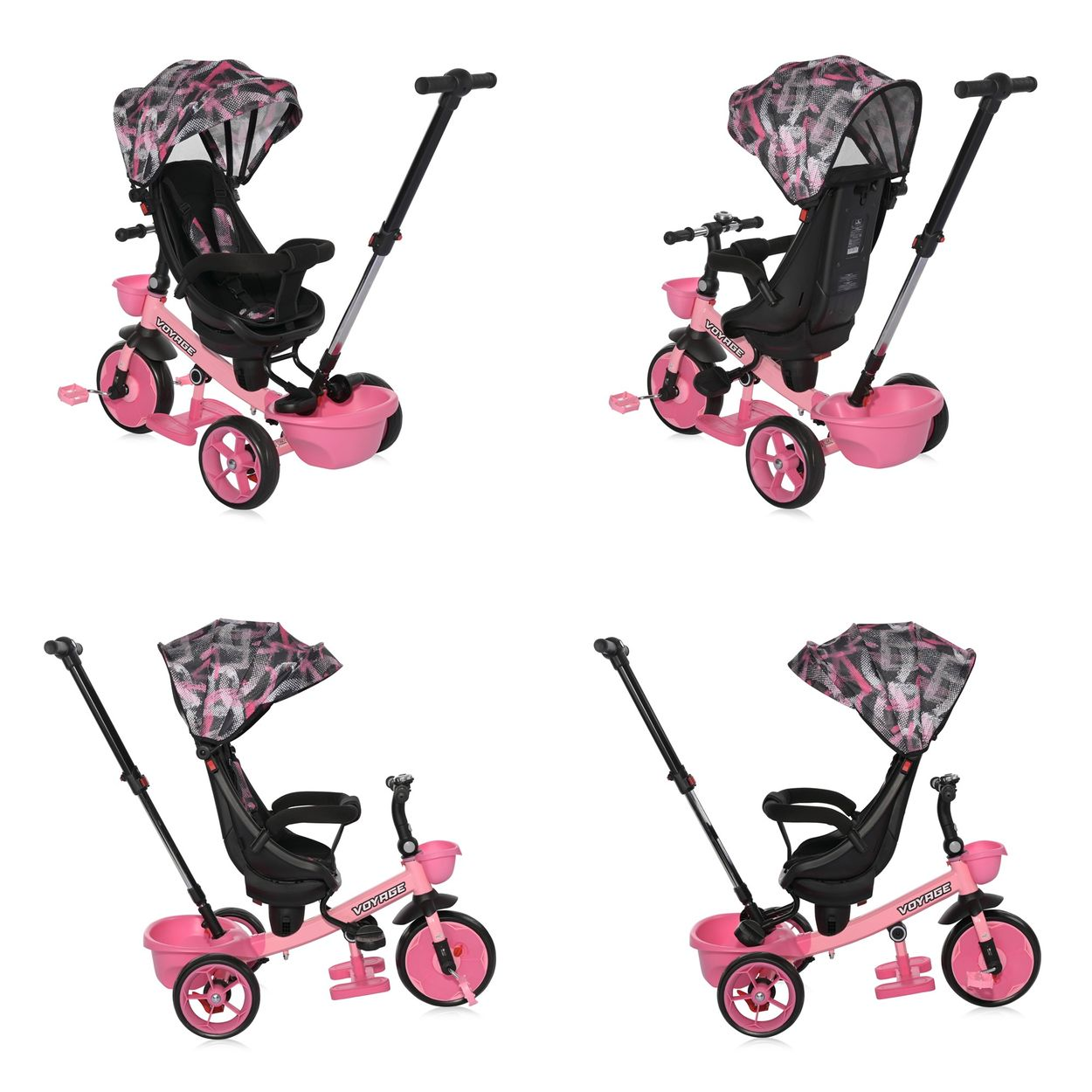 Vier Ansichten eines rosa-schwarzen Voyage-Dreirads für Kinder. Weißer Hintergrund.