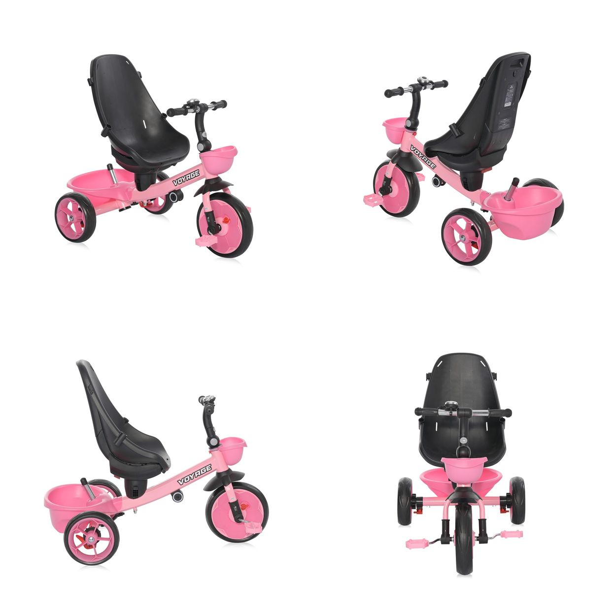Ein Satz von vier Bildern eines rosa Dreirads aus verschiedenen Blickwinkeln, die das Design und die Merkmale hervorheben.