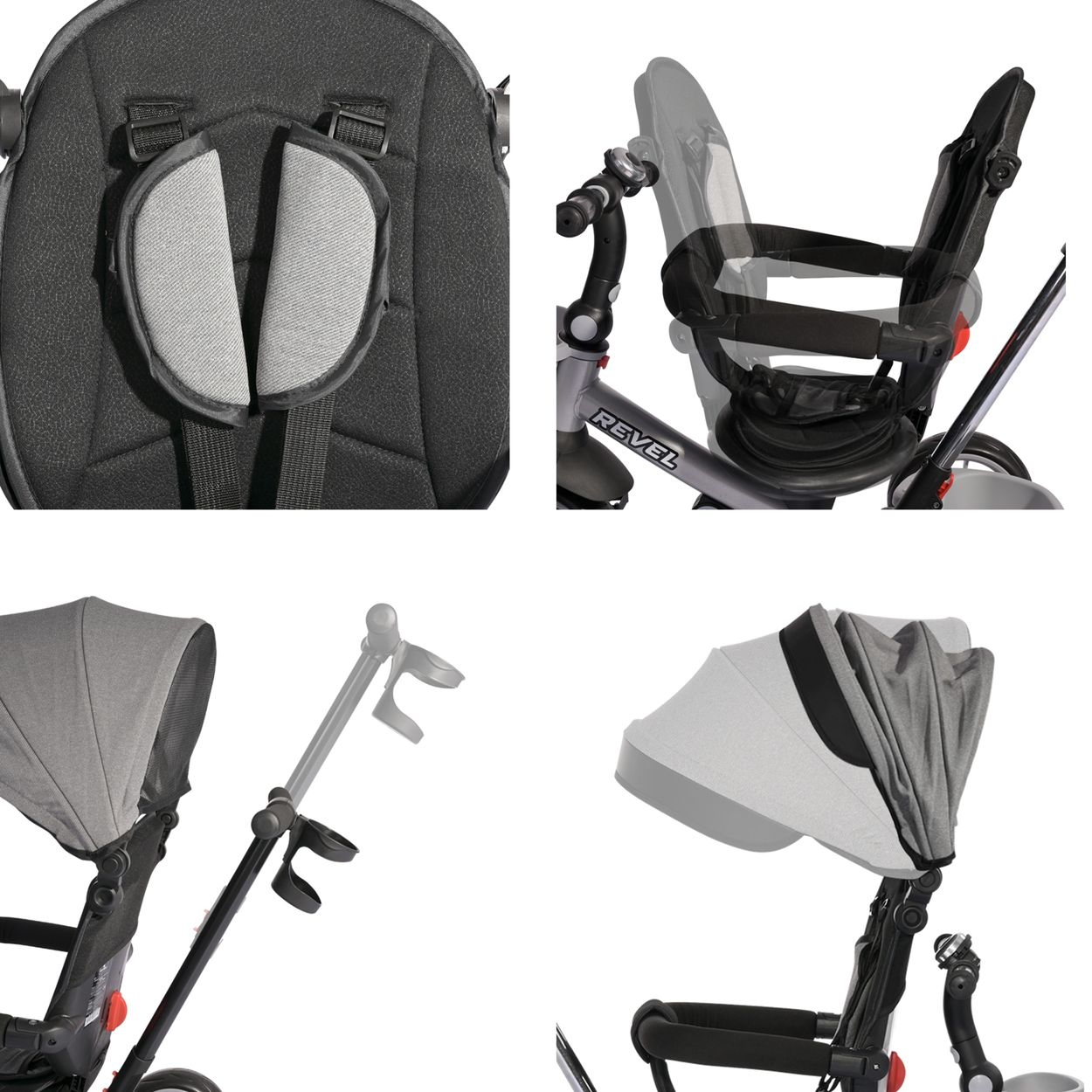 Nahaufnahmen eines Kinderwagens, die Sitz, Gurte, Verdeck und andere Details zeigen.