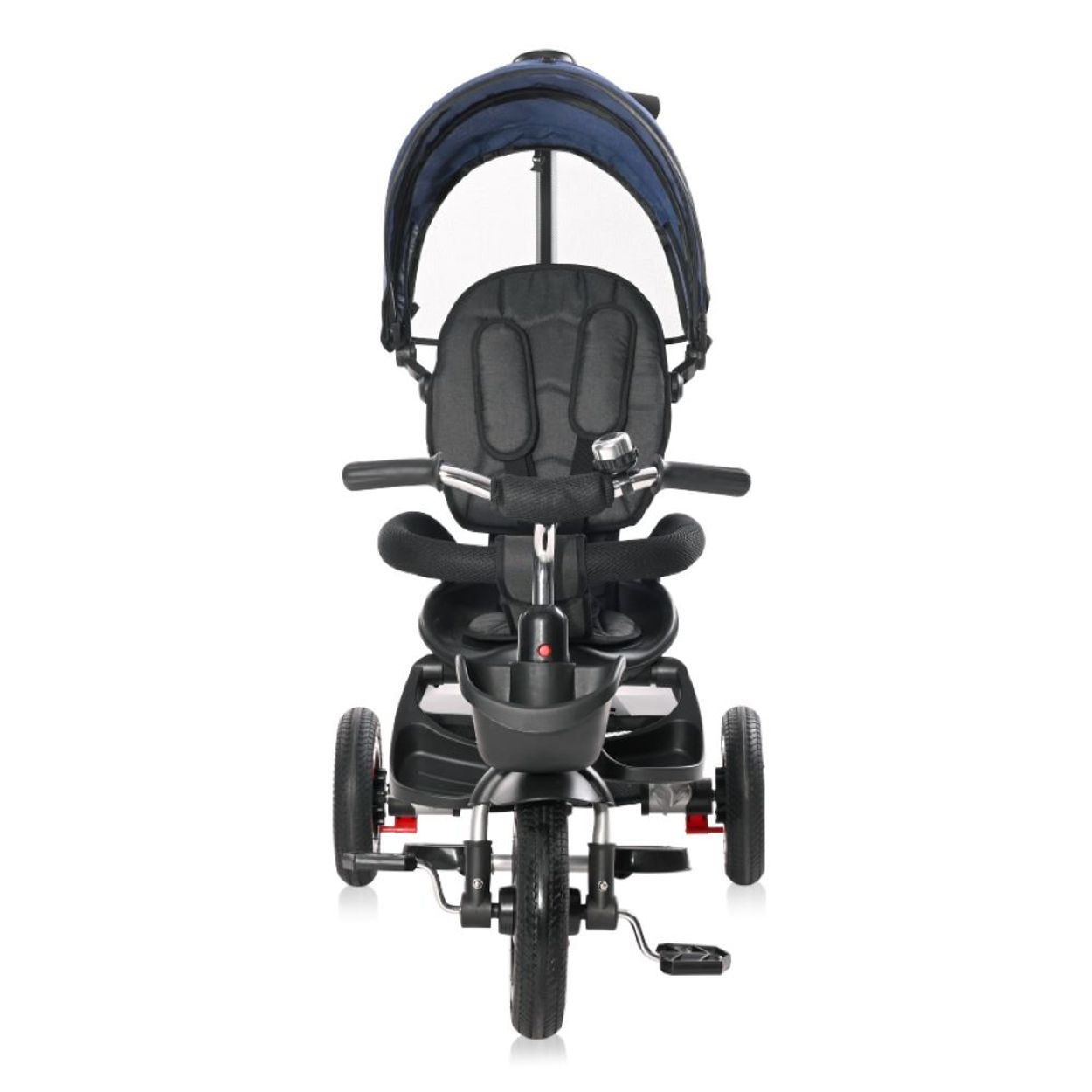 Vista frontal de un triciclo para bebés negro y azul. Incluye capota y cesta.