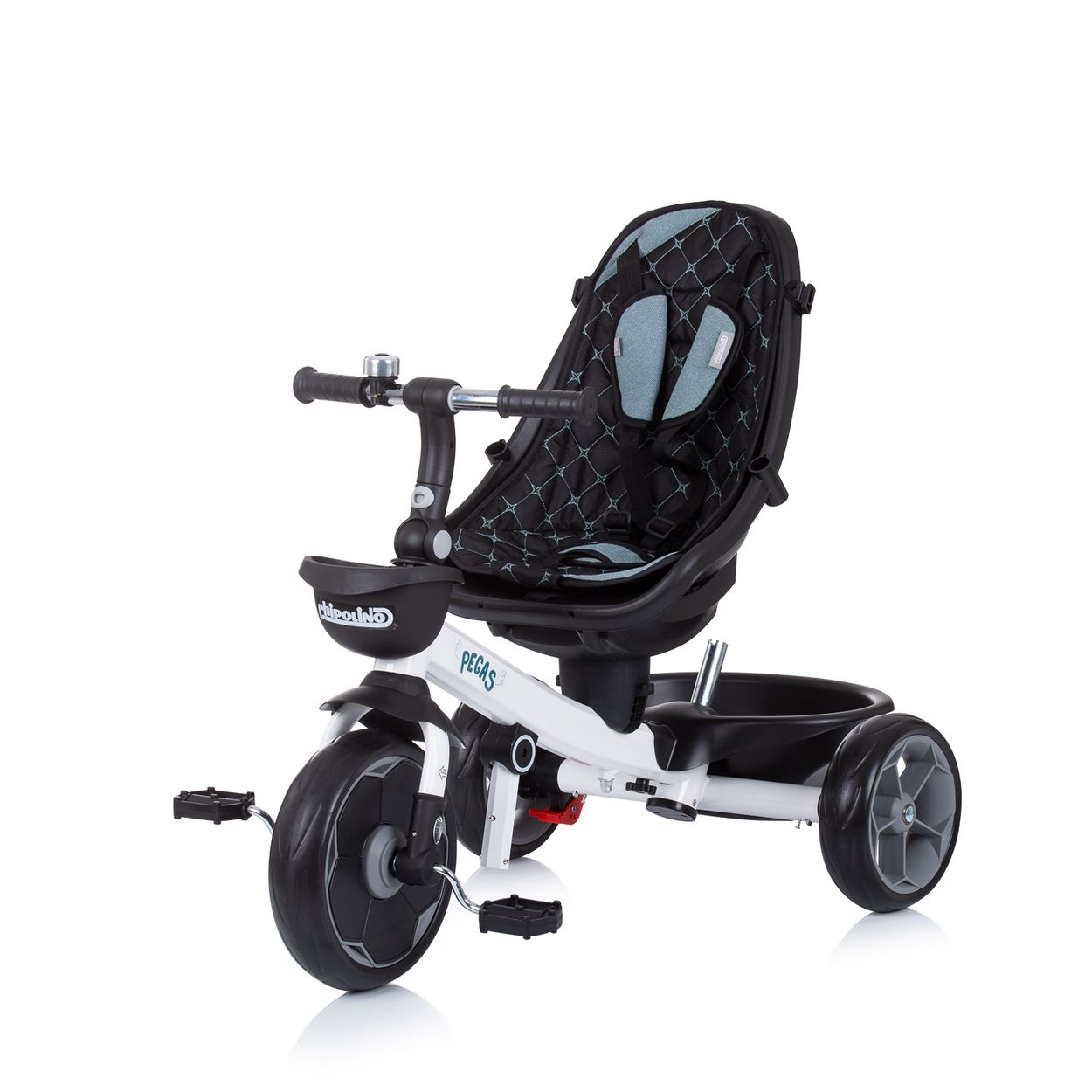 Weißes und schwarzes Dreirad mit schwarzem Sitz, Korb und Kindersitz.
