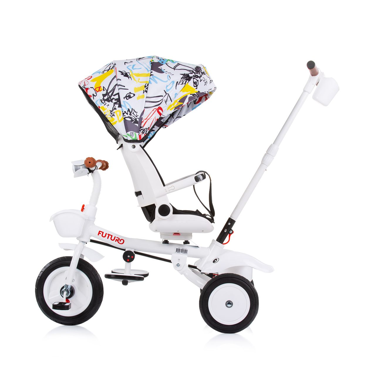 Triciclo bianco con tettuccio colorato, isolato su sfondo bianco.