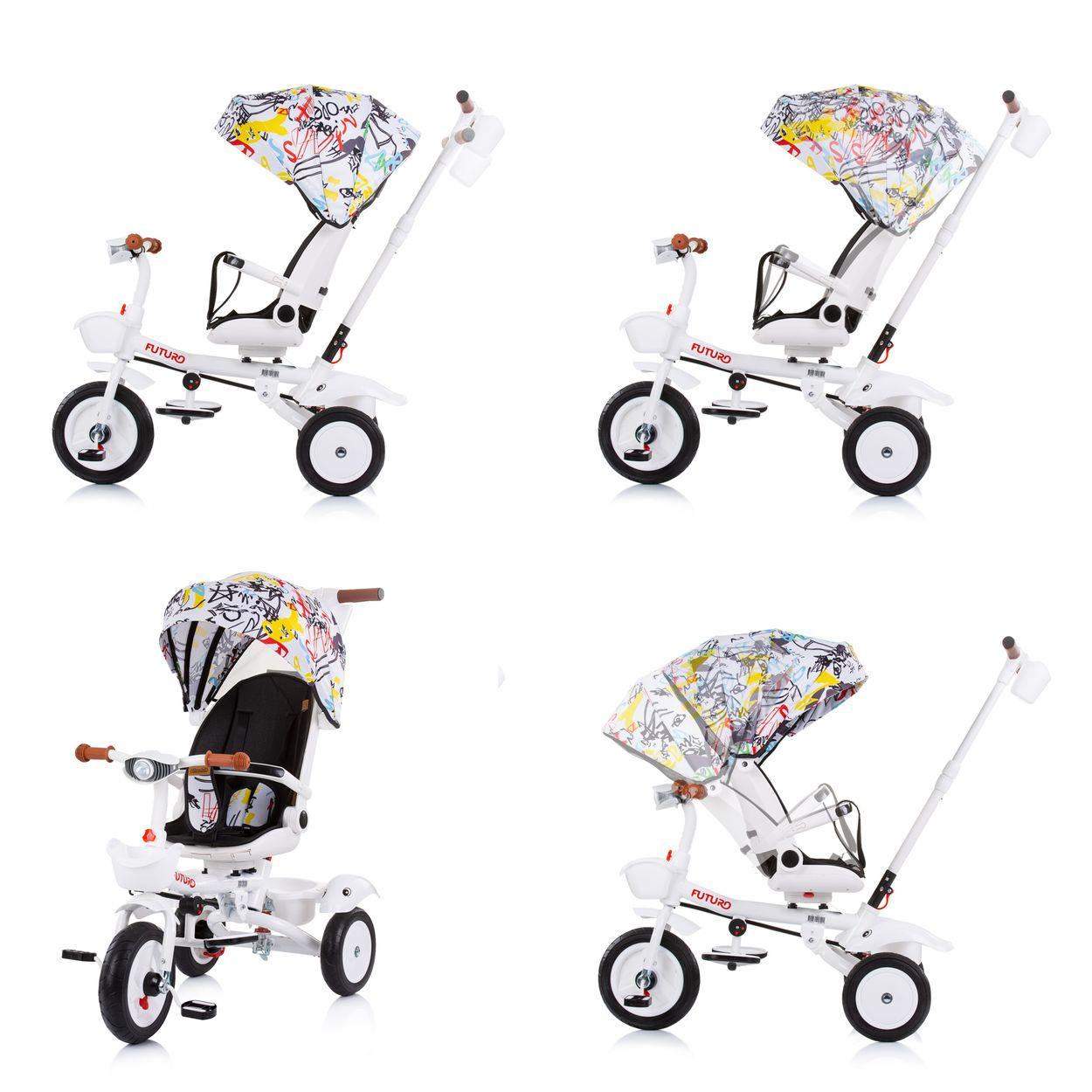 Quattro immagini di un triciclo bianco e con motivi colorati con maniglia per genitori.